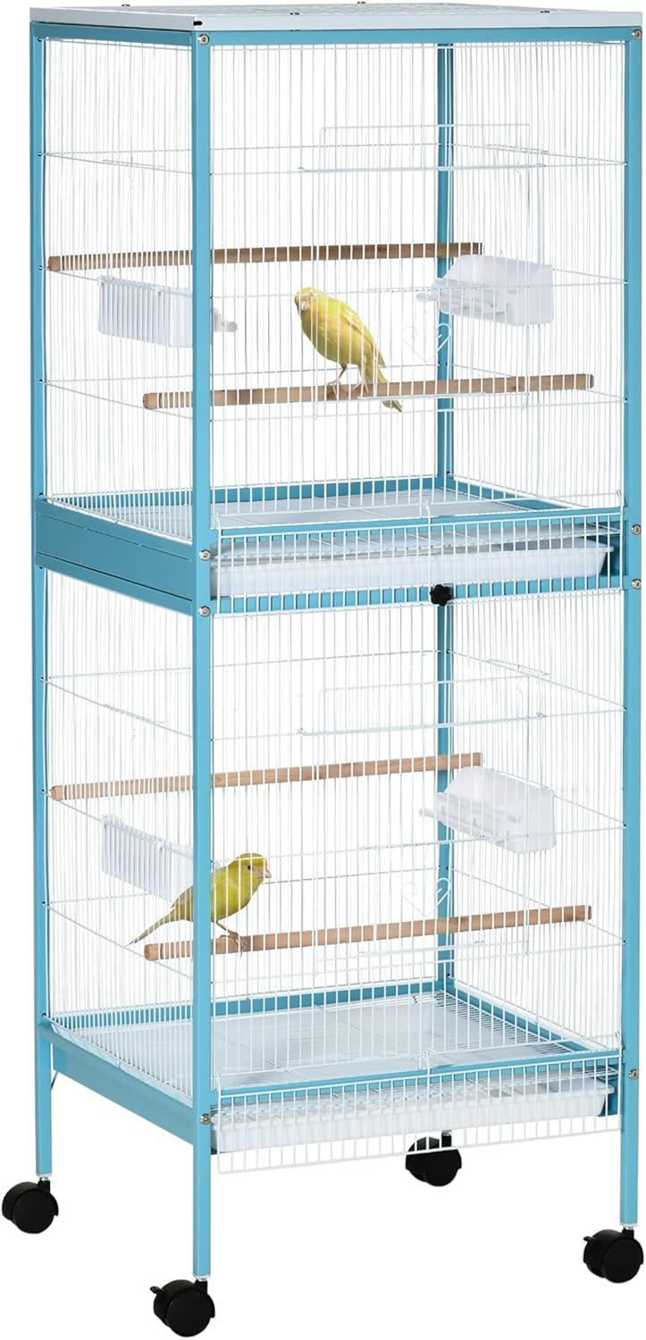 PawHut 55" 2 In 1 Bird Cage Aviary Parakeet House for finches, budgies with Wheels, Slide-out Trays, Wood Perch, Food Containers