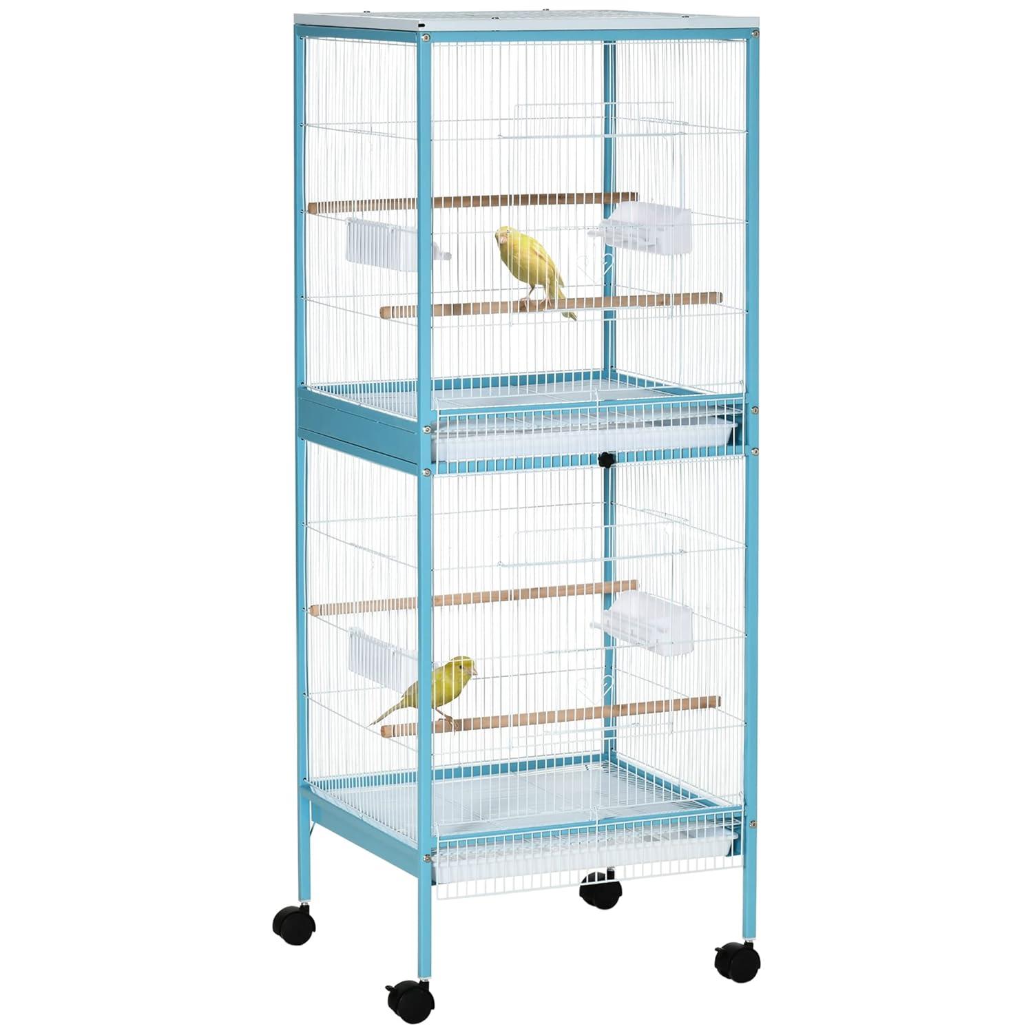 PawHut 55" 2 In 1 Bird Cage Aviary Parakeet House for finches, budgies with Wheels, Slide-out Trays, Wood Perch, Food Containers, Light Blue