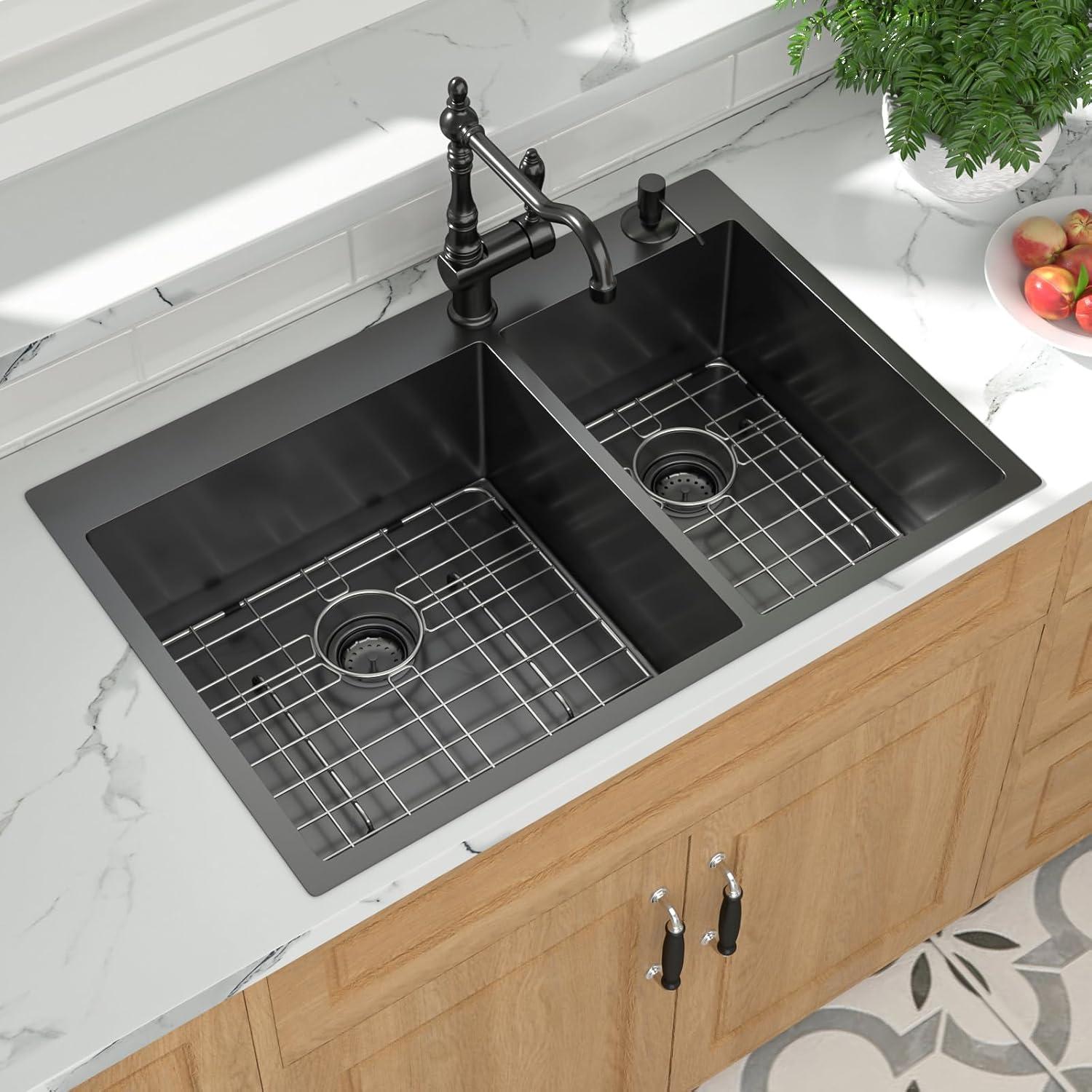 Logmey Stainless Steel Drop In Kitchen Sink 33x22 Inch Topmount Gunmetal Black 60/40 Double Bowl Kitchen Sink