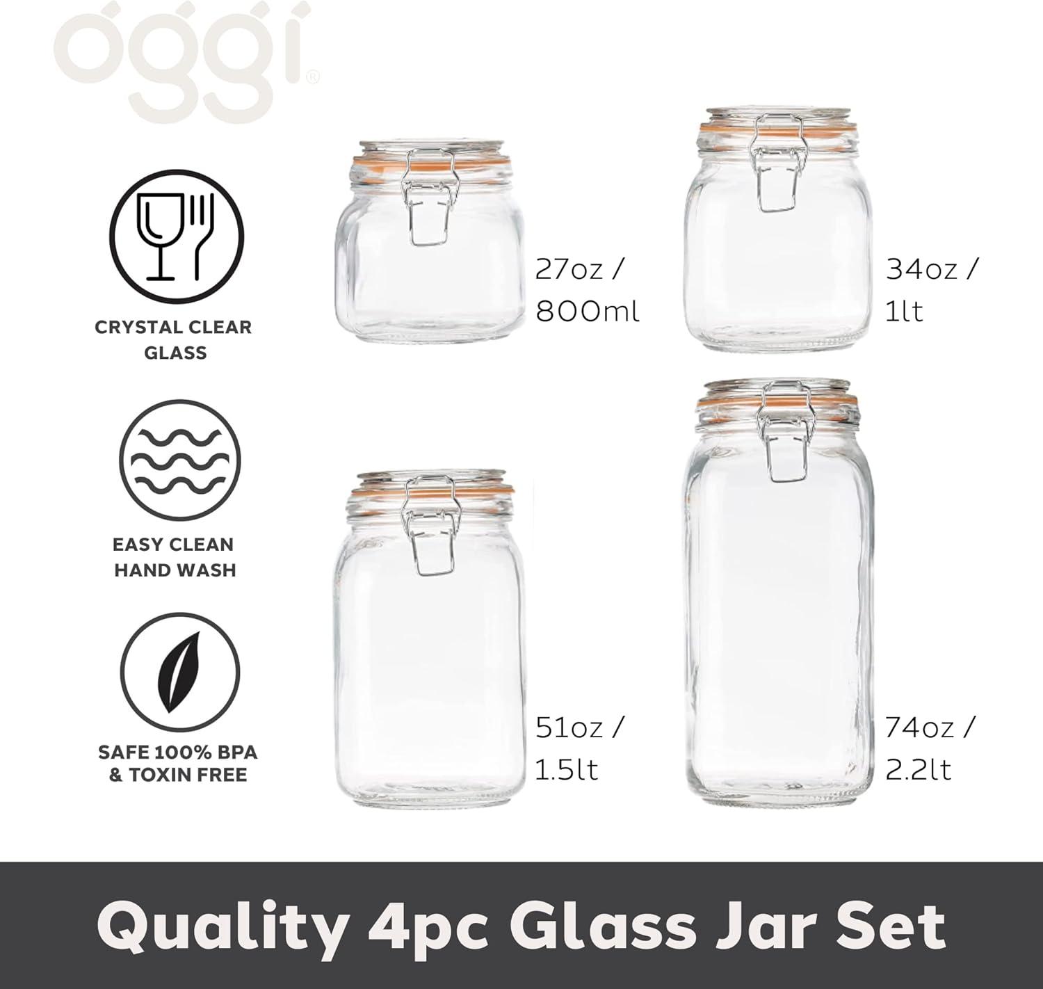 Oggi 4 Piece Airtight Glass Canister Set with Clamp Lids and Silicone Gaskets, Clear