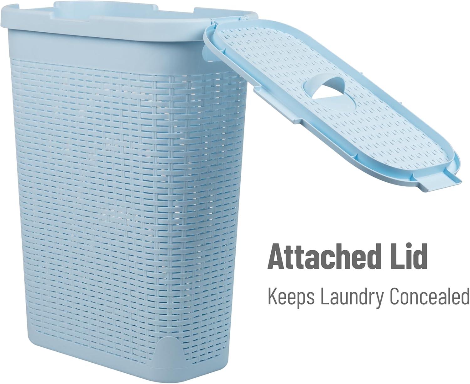 Baby Blue Slim Wicker Plastic Laundry Hamper with Lid