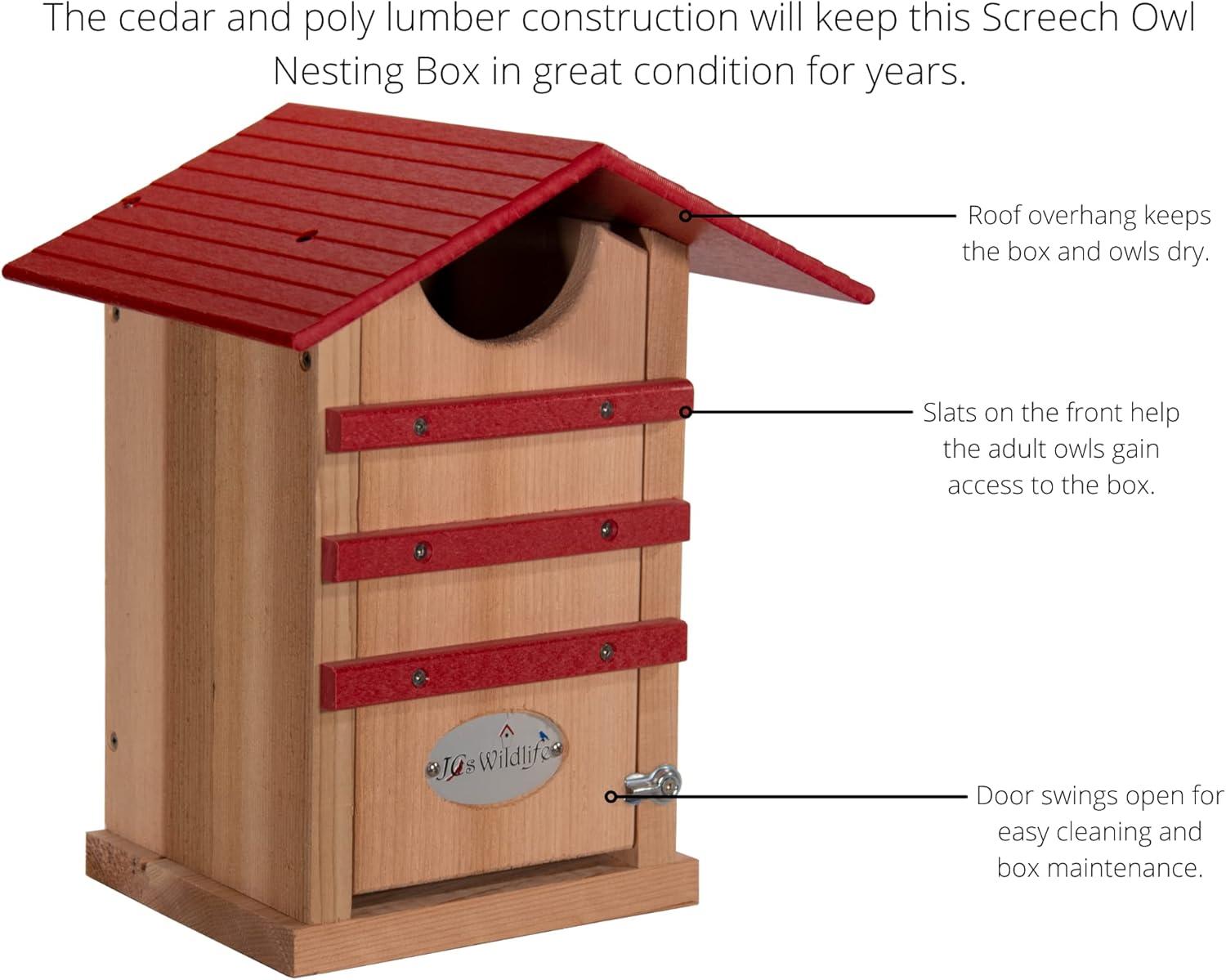 JCS Wildlife Screech Owl or Saw-Whet Owl House Cedar Nesting Box with Poly Lumber Roof - Screech Owl Nest Box - Made in the USA (Cardinal Red)