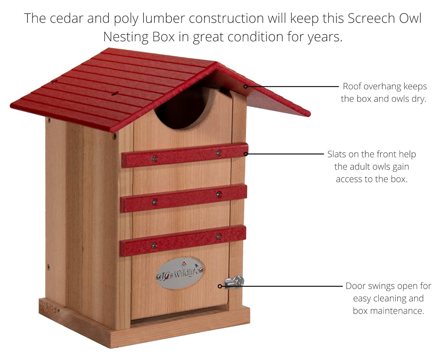 JCS Wildlife Screech Owl or Saw-Whet Owl House Cedar Nesting Box with Poly Lumber Roof - Screech Owl Nest Box - Made in the USA (Cardinal Red)