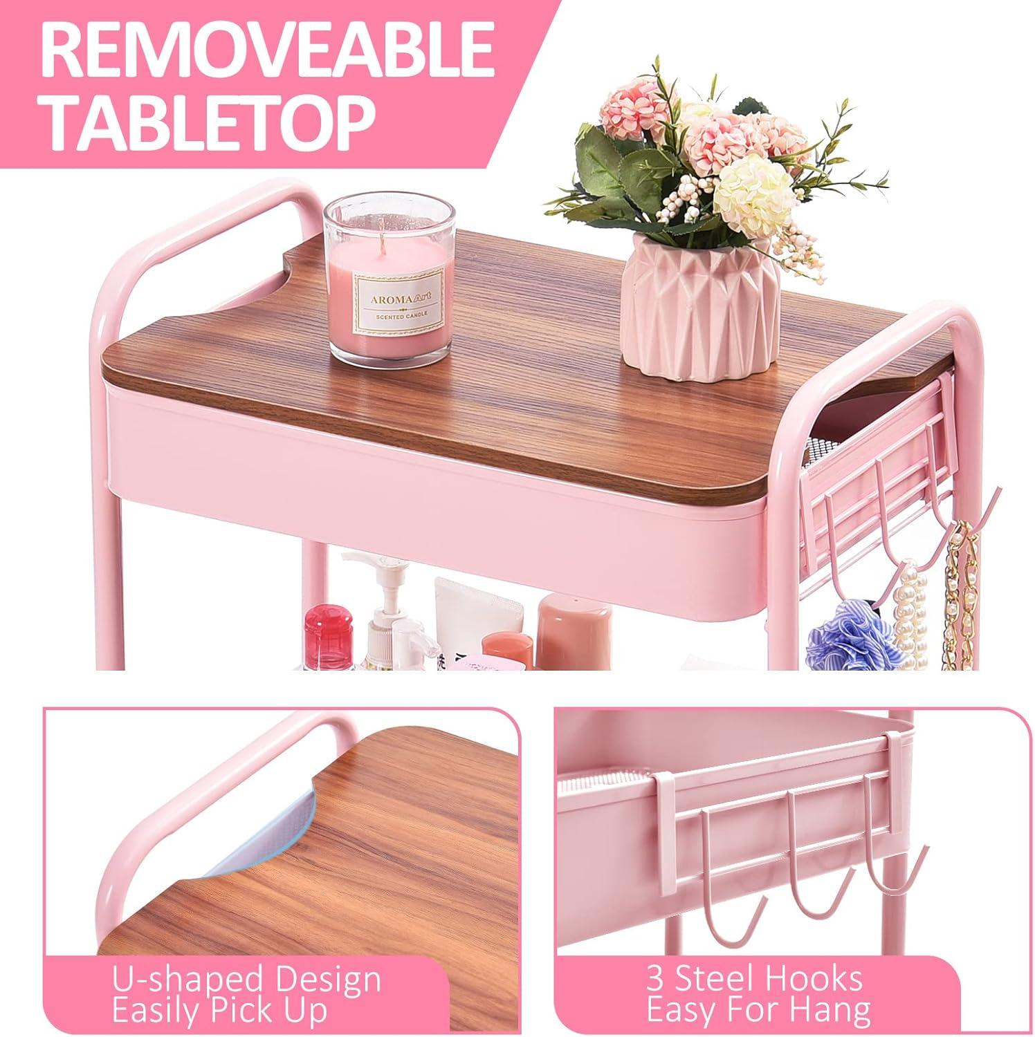 Pink Metal 3-Tier Rolling Utility Cart with Wooden Top