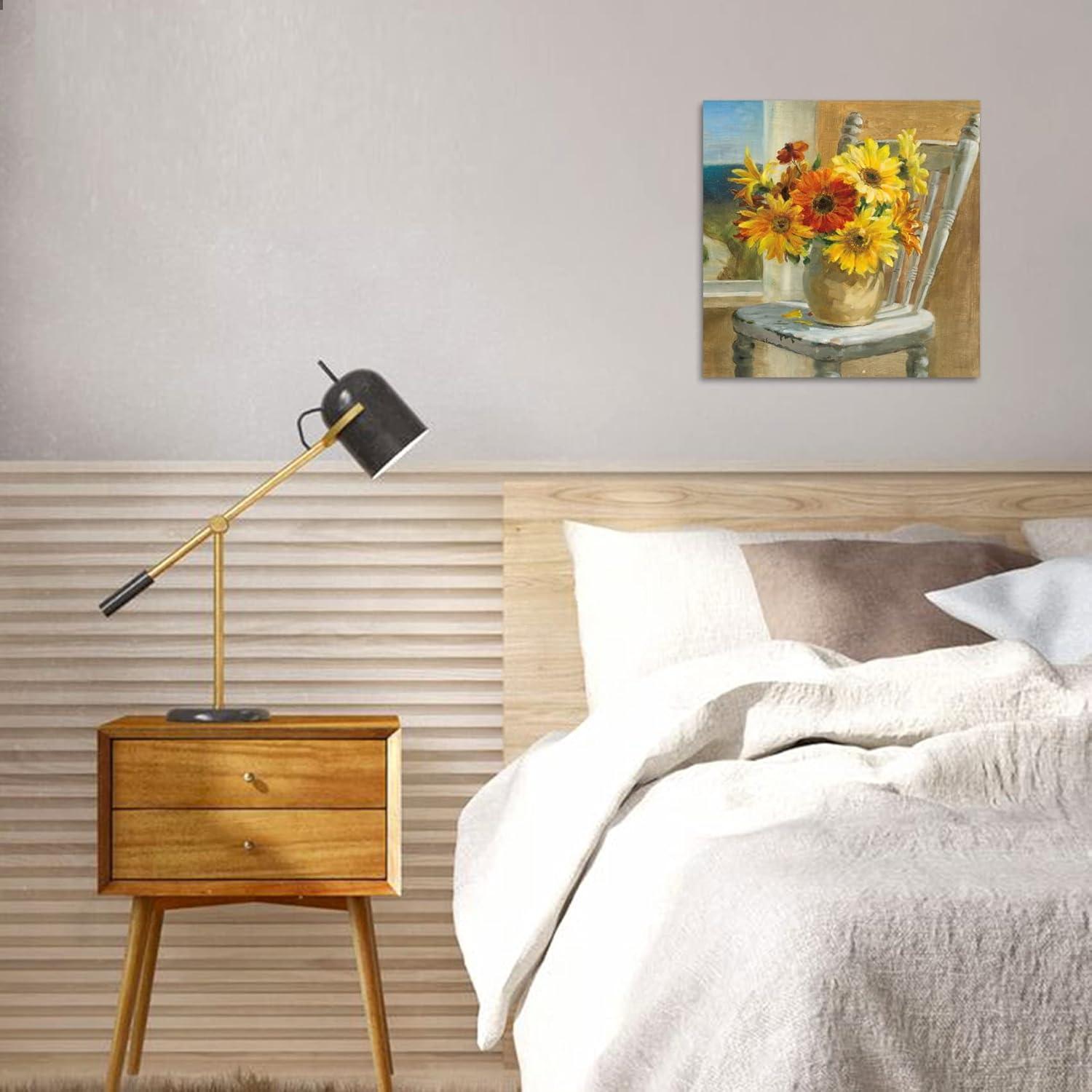 Bathroom Decor Canvas Country Farmhouse Wall Decor Sunflower Theme Painting Vintage Picture Artwork Wood Framed Wall Art Easy to Hang Size 14 x14 in