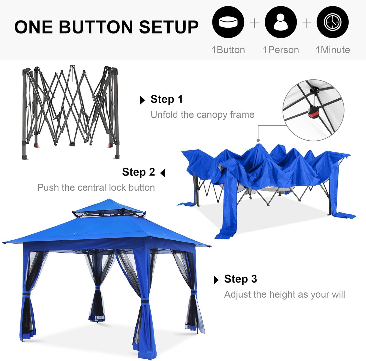 13x13 Pop Up Gazebo - With Mosquito Netting Blue