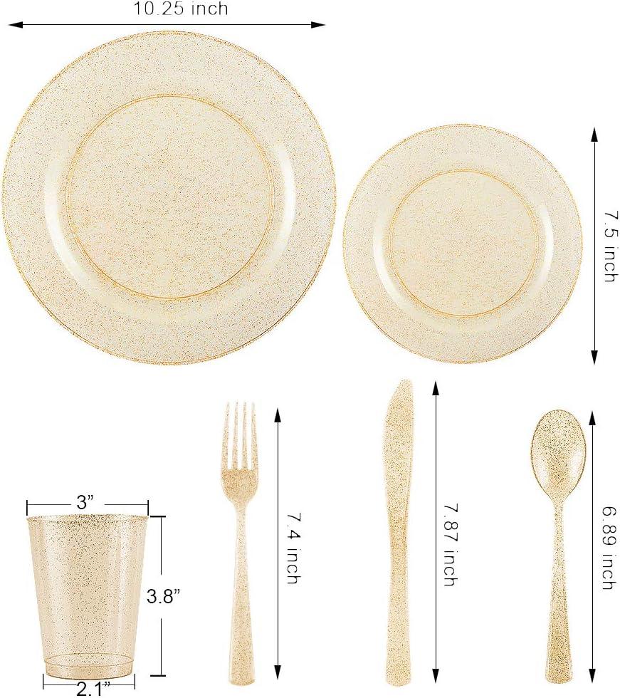 I00000 150PCS Gold Disposable Plates Silverware, Gold Glitter Dinnerware Set Include 25 Dinner Plates 10.25’’, 25 Dessert Plates 7.5’’, 25 cups 10 OZ, 25 Forks, 25 Knives, 25 Spoons for Wedding,Party