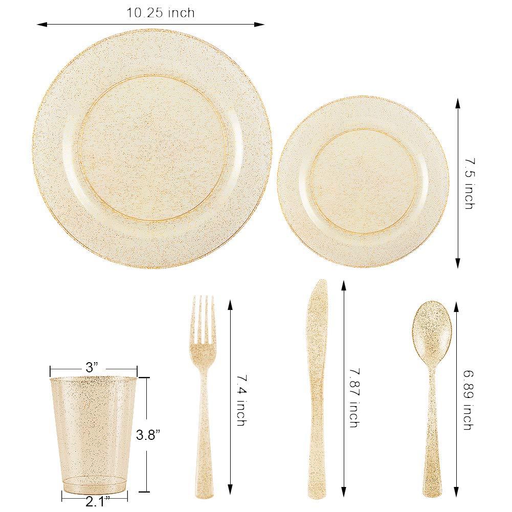 I00000 150PCS Gold Disposable Plates Silverware, Gold Glitter Dinnerware Set Include 25 Dinner Plates 10.25’’, 25 Dessert Plates 7.5’’, 25 cups 10 OZ, 25 Forks, 25 Knives, 25 Spoons for Wedding,Party