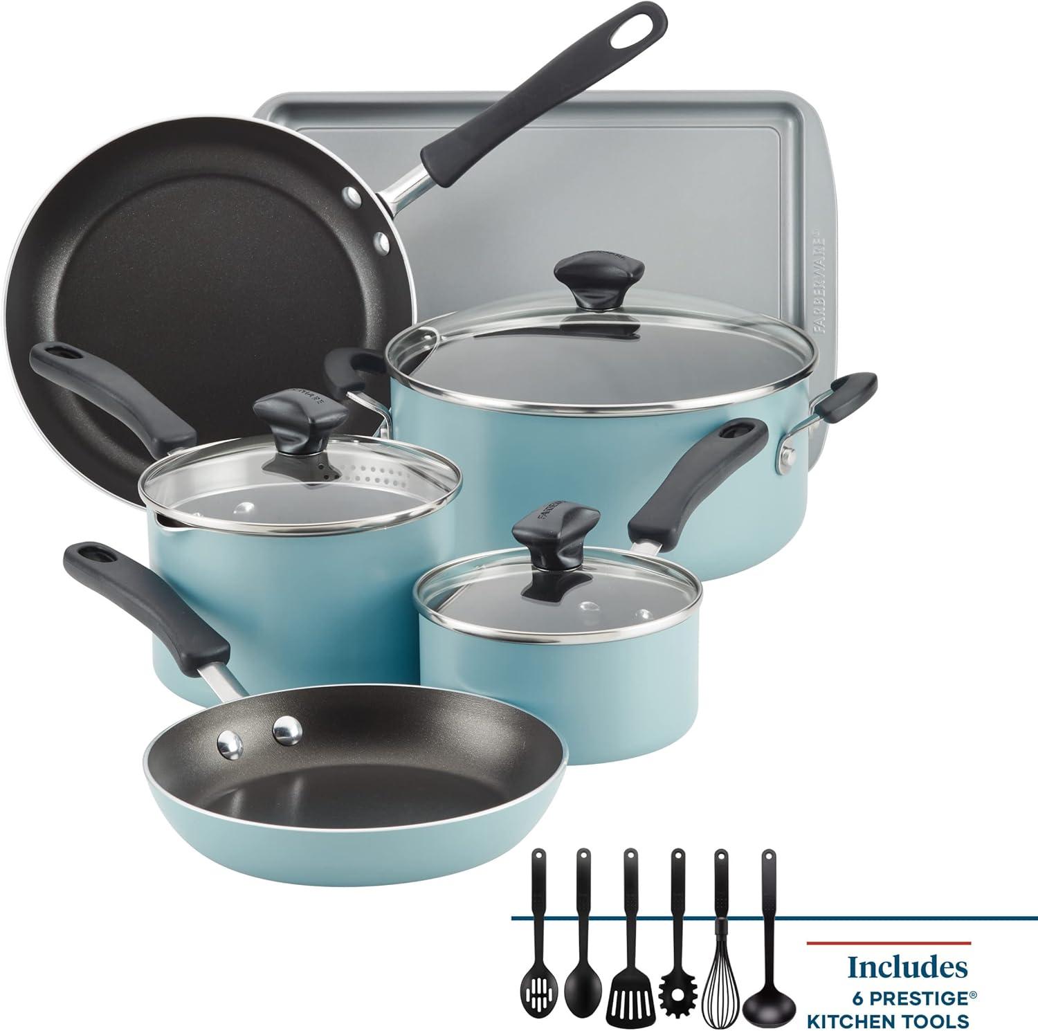 Farberware Cookstart Aluminum DiamondMax Nonstick Cookware Set, 15-Piece, Aqua