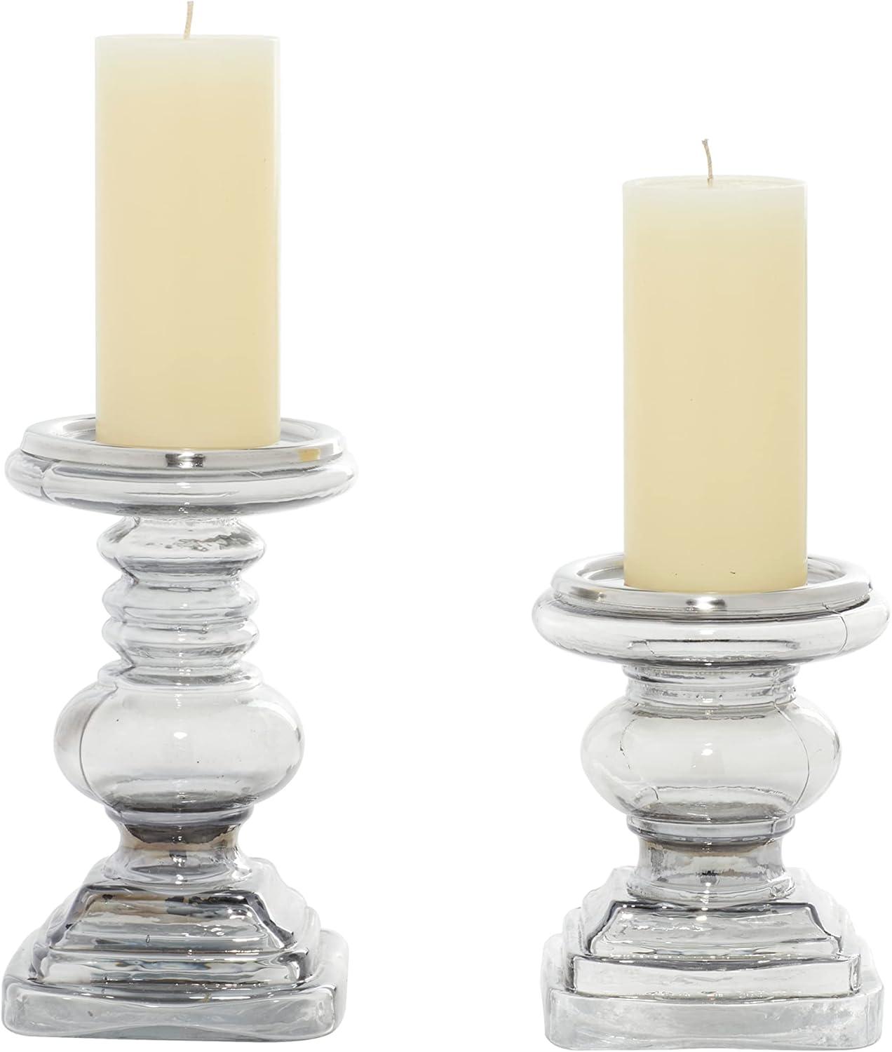 DecMode 2 Candle Silver Glass Handmade Turned Style Pillar Candle Holder, Set of 2