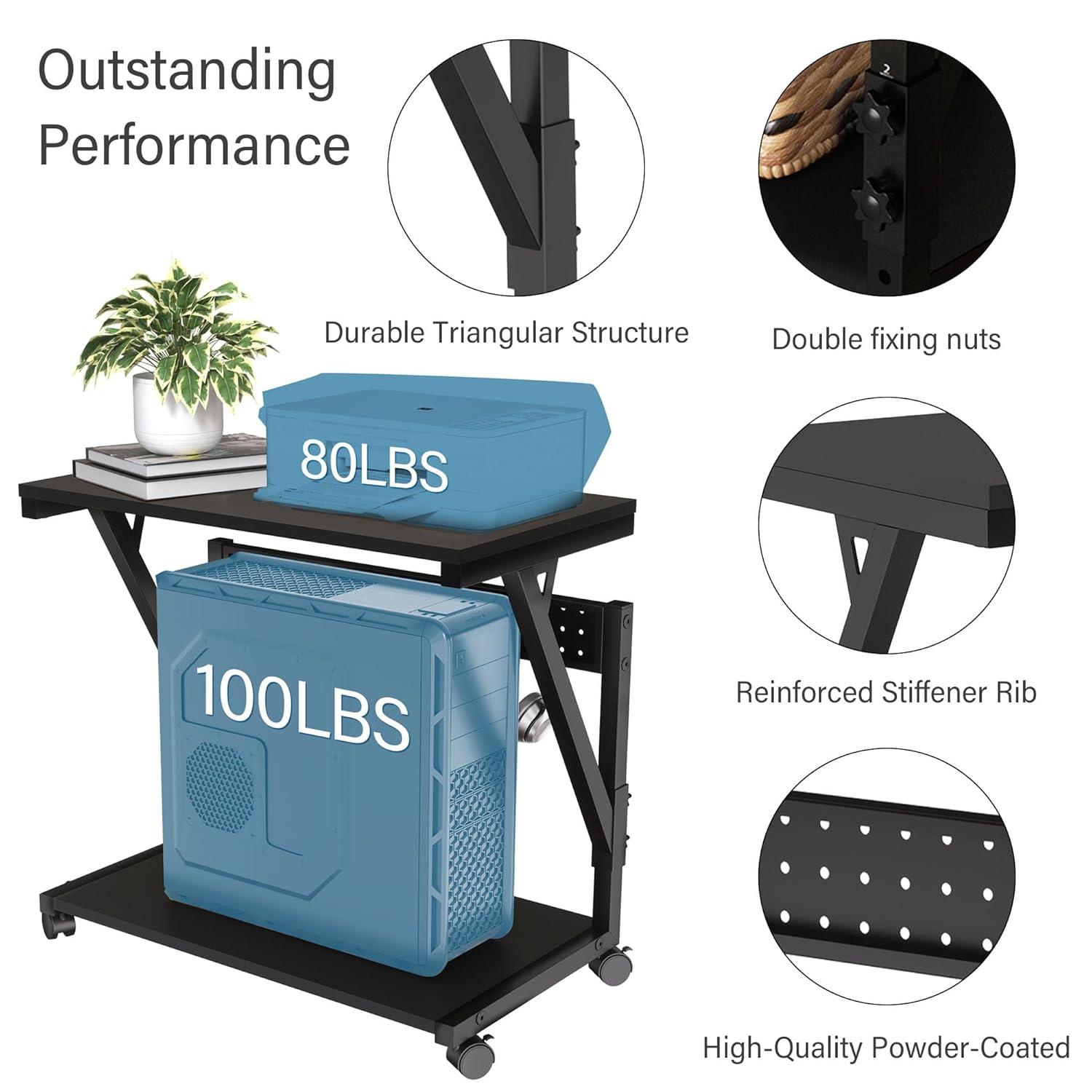 Computer Tower Cart - Height Adjustable PC Stand, 2-Tier ATX-Case CPU Holder Home Office Gaming Desk Accessories with Rolling Lockable Wheels, Laptop Table Standing Computer Desk, Rustic Black