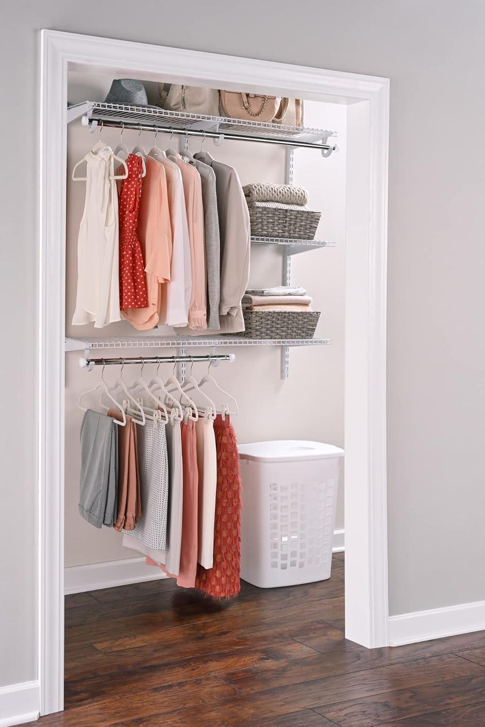 White Adjustable Metal Closet Kit with Shelving and Hanging Storage