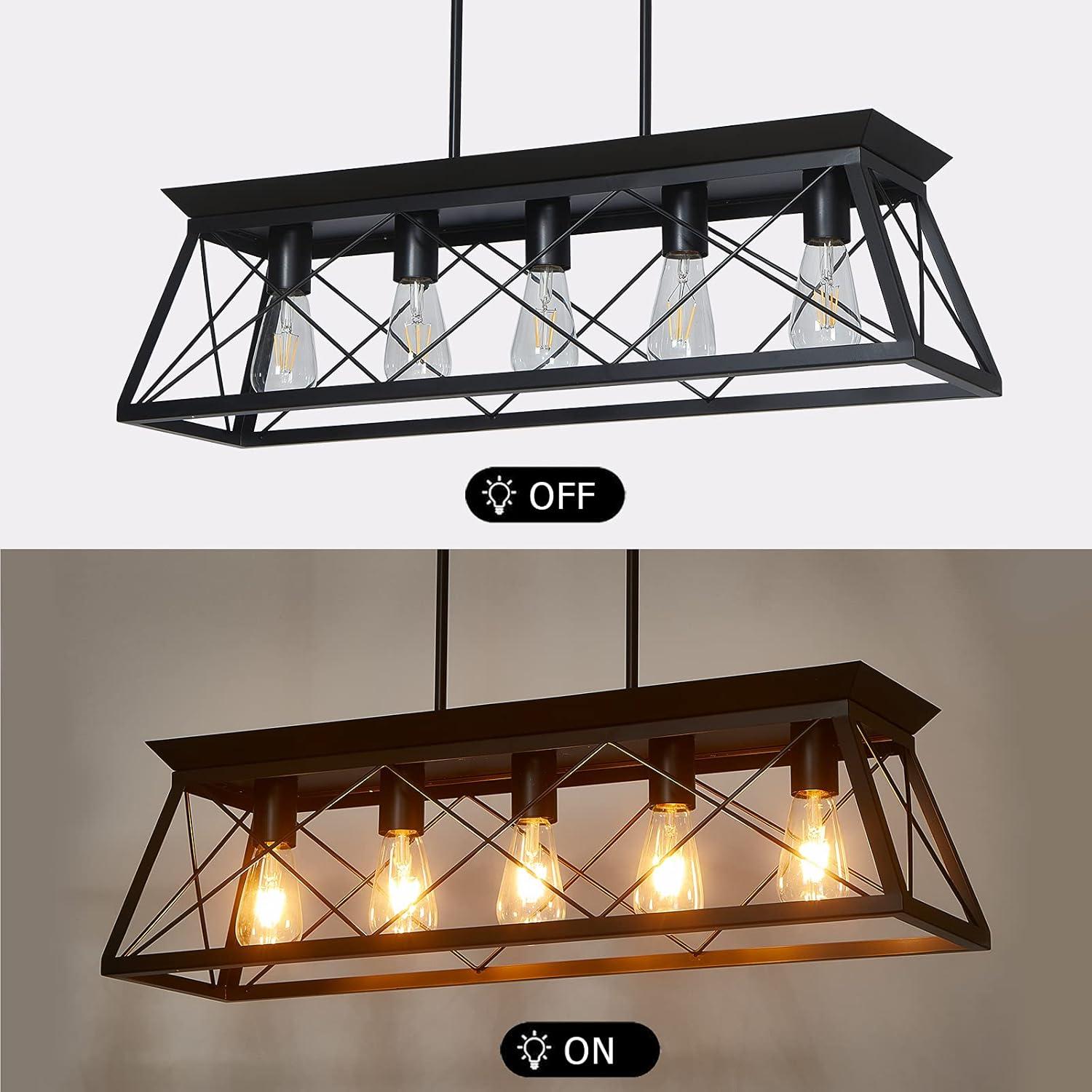 5-Light Farmhouse Chandeliers For Dining Room, Metal Rustic Pendant Island Light Fixture, Modern Rectangular Island Lights For Kitchen, Living Room Pure Black(No Bulbs)