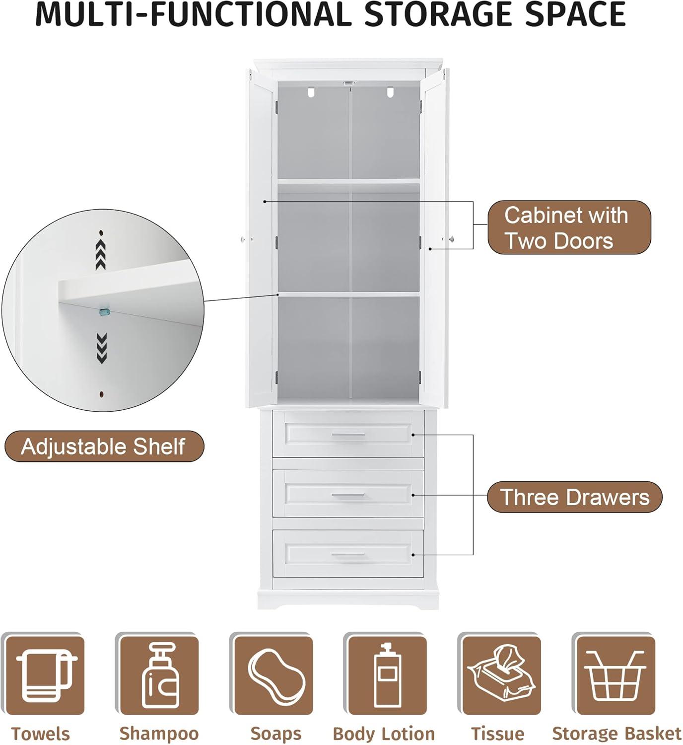 Tall White MDF Freestanding Storage Cabinet with Adjustable Shelves