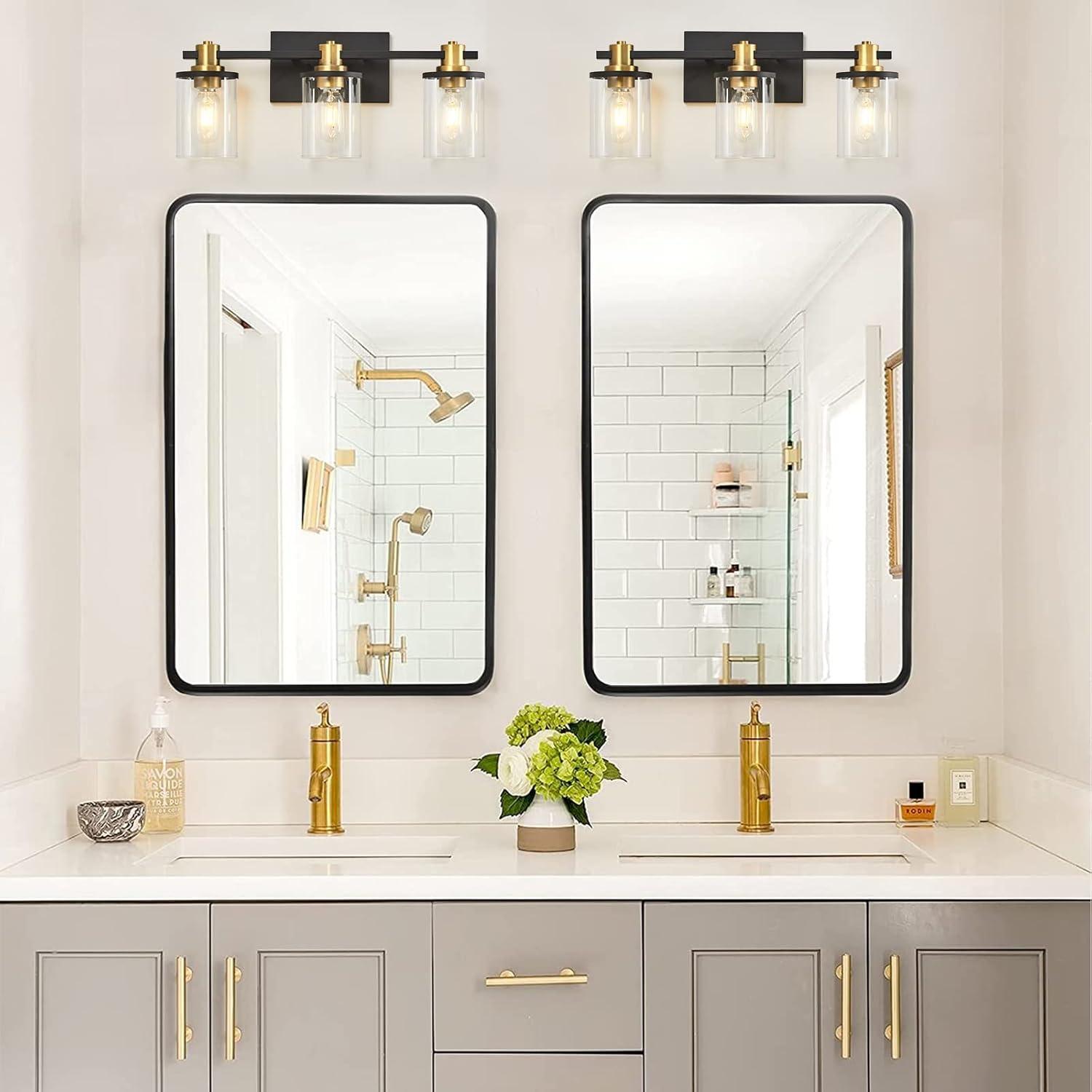 Black and Gold 3-Light Vanity with Clear Glass Shades