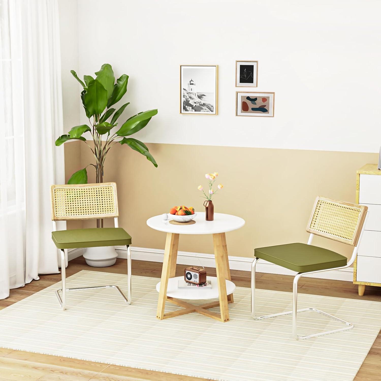 Set of 2, -Century Modern Rattan Backrest Dining Chair - Natural Wood Upholstered Seat with Metal Legs for Home Dining Room Kitchen - Olive Green