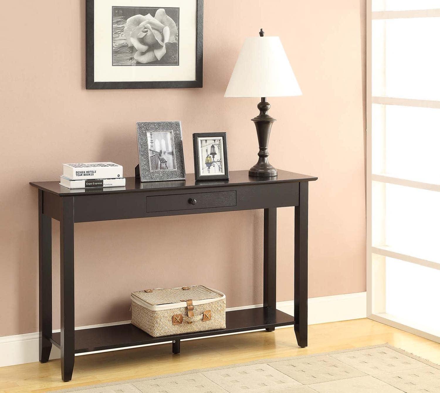 Black Wood Console Table with Drawer and Shelf