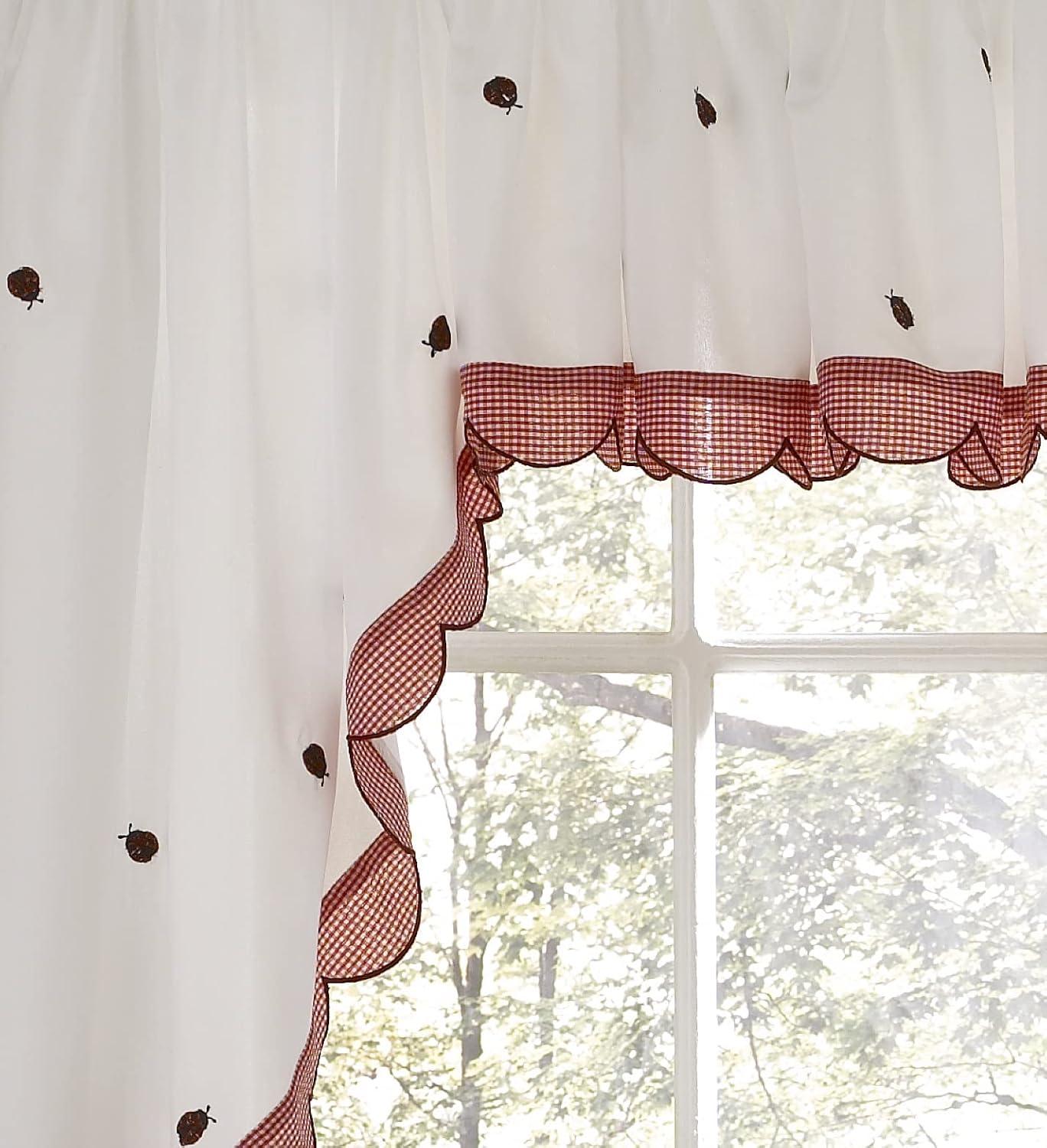White and Red Floral Ladybug Rod Pocket Valance