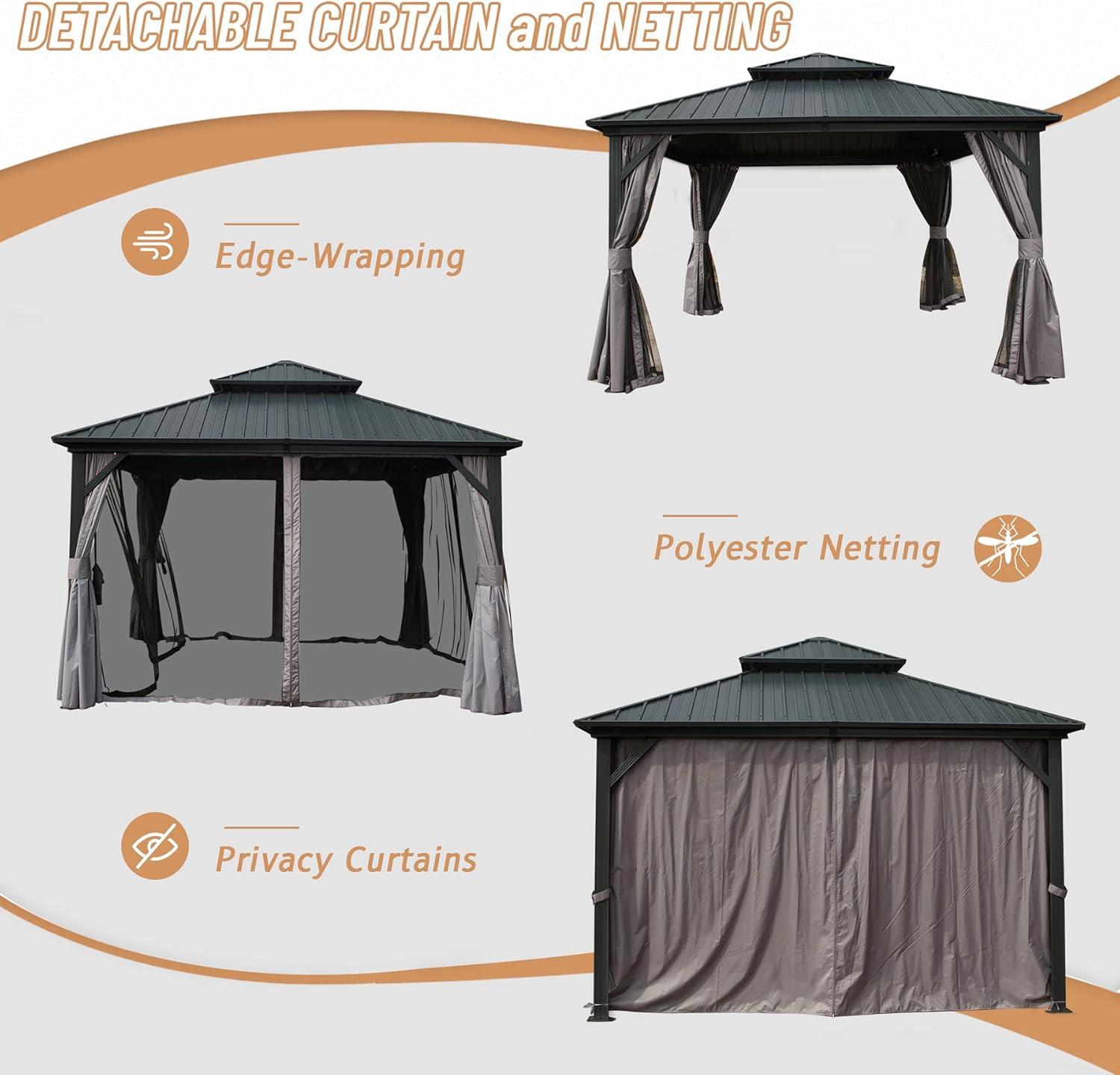 Domi Outdoor Living 12’ X 12’ Hardtop Gazebo Canopy with Netting & Curtains, Outdoor Aluminum Gazebo with Galvanized Steel Double Roof for Patio Lawn and Garden, Gray