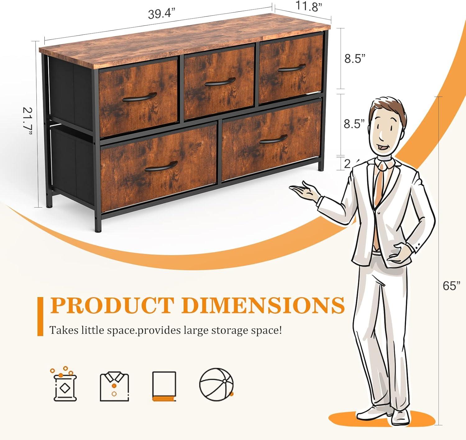 Dresser for Bedroom 5 Fabric Drawers Dresser Clothes Cabinet Storage Organizers and Wood Top Surface Table for TV, Chest of Drawers for Bedroom, Living Room, Hallway, Porch Organization