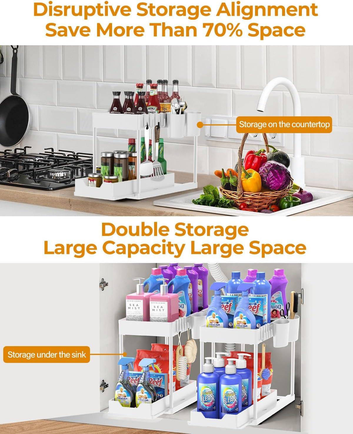 DILEASIR 2 Pack Kitchen Under Sink Organizer, with Hooks, Hanging Cup, for Bathroom, Laundry room, White