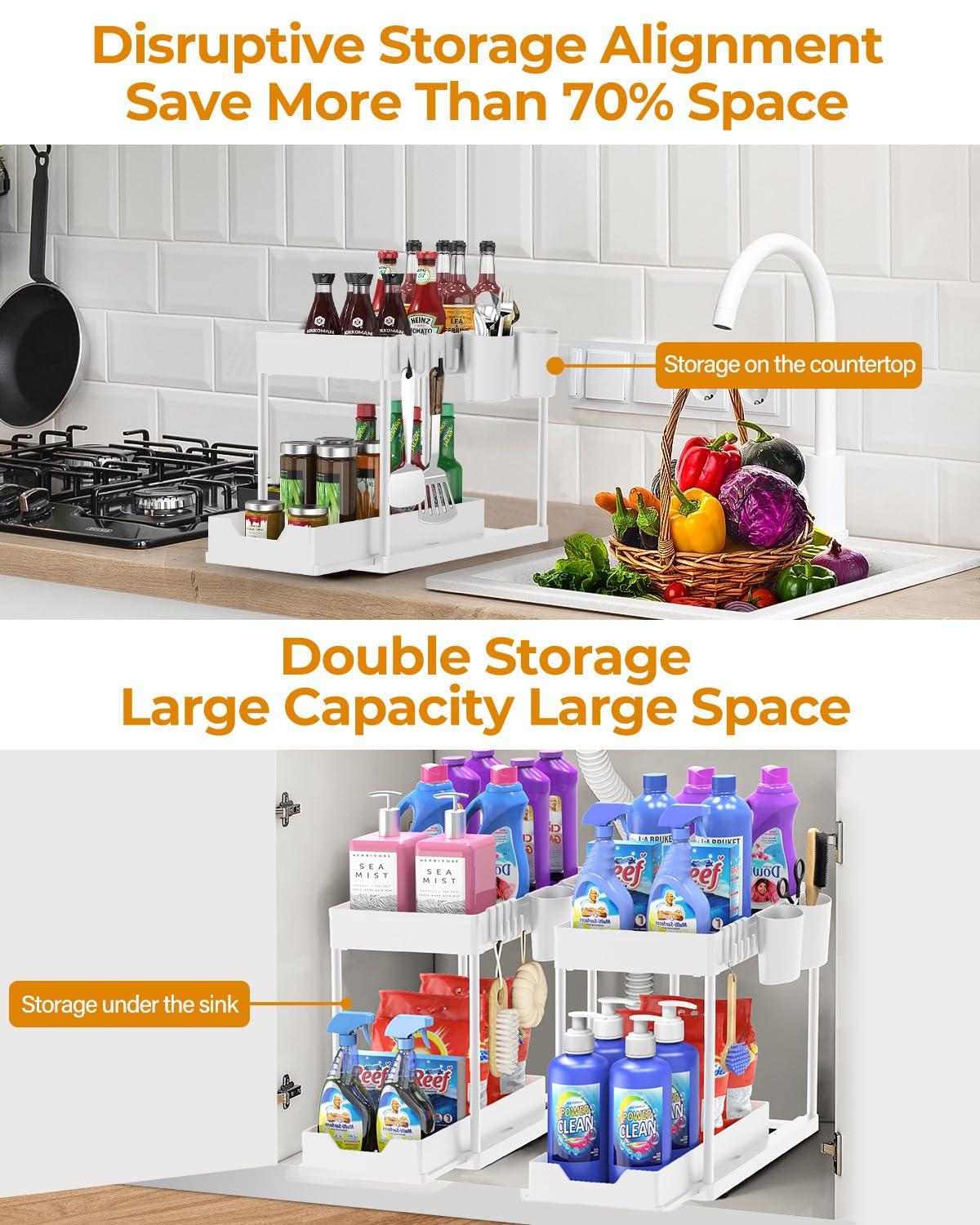 DILEASIR 2 Pack Kitchen Under Sink Organizer, with Hooks, Hanging Cup, for Bathroom, Laundry room, White