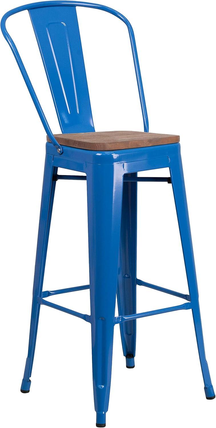 Emma and Oliver 30"H Blue Metal Barstool with Back and Wood Seat