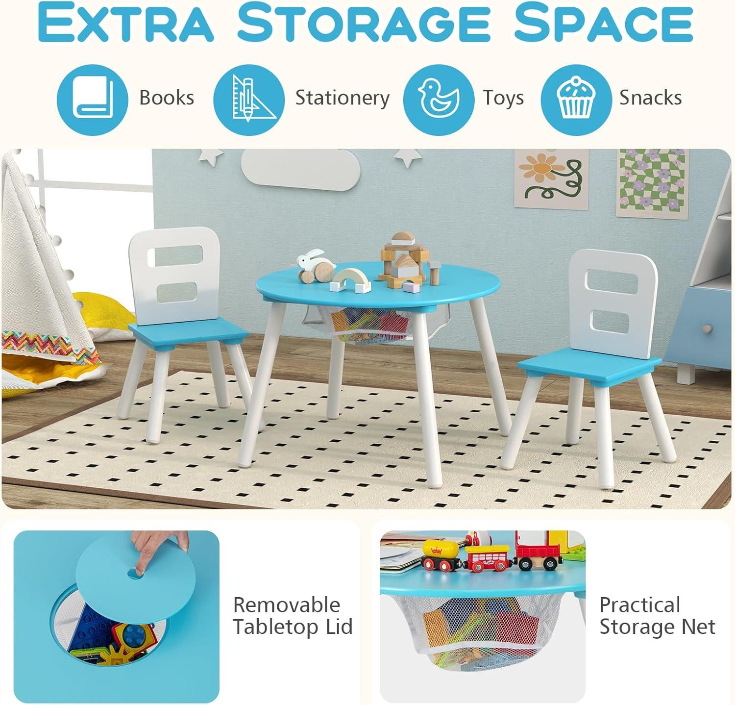 INDSUMOT Kids Table and Chair Set, Wooden Children Activity Table and 2 Chairs for Art & Craft, Storage Mesh Basket, 3-Piece Toddler Furniture Set for Daycare & Playroom, Gift for Boys Girls(Blue)