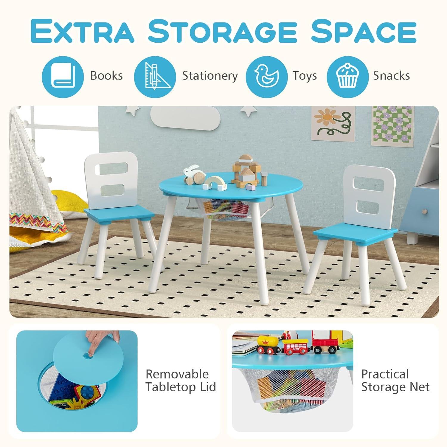 INDSUMOT Kids Table and Chair Set, Wooden Children Activity Table and 2 Chairs for Art & Craft, Storage Mesh Basket, 3-Piece Toddler Furniture Set for Daycare & Playroom, Gift for Boys Girls(Blue)