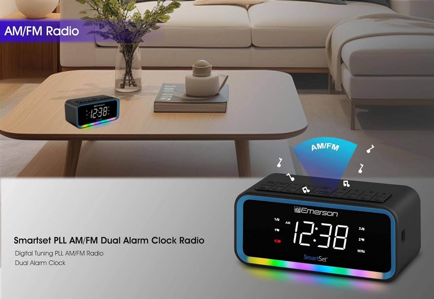 Emerson SmartSet AM/FM, Dual Alarm Clock Radio, 0.9" White LED, USB-C Charging and Multi-Color LED Decor, CKS1401