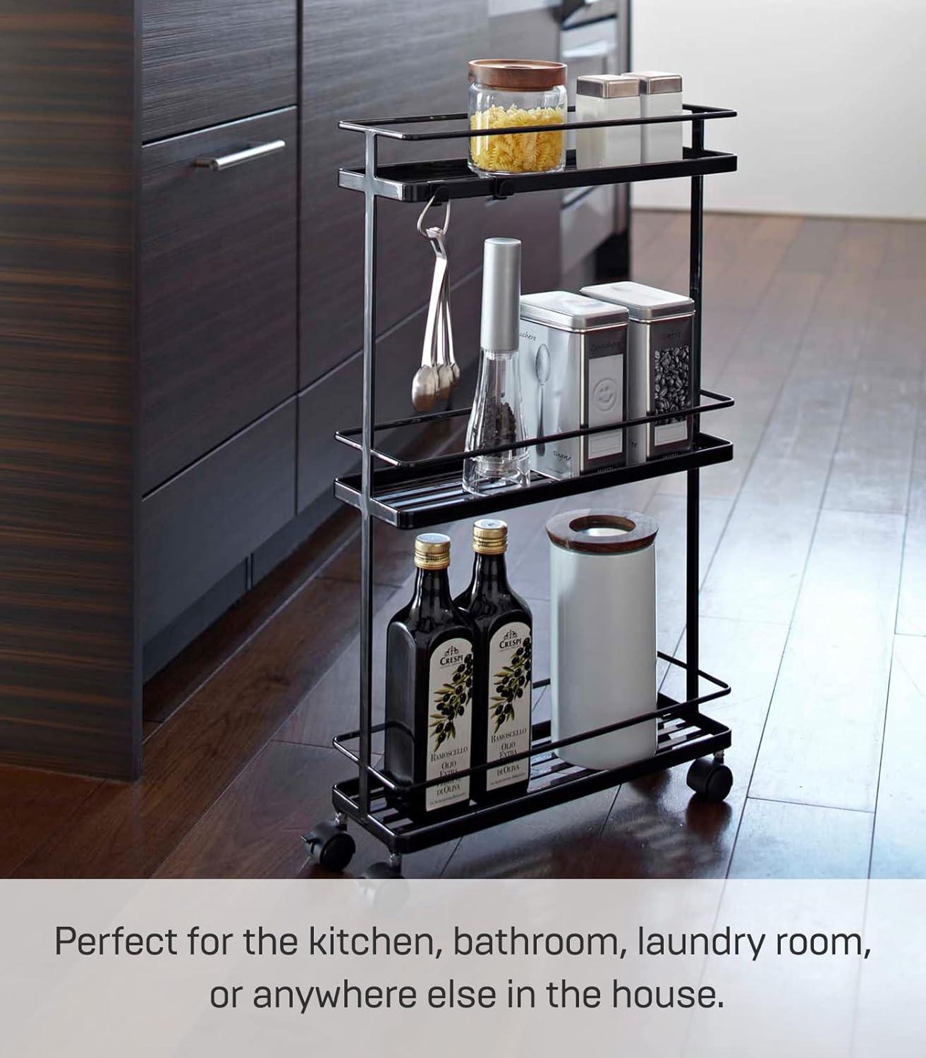 Black Steel Rolling Kitchen Storage Cart with 3 Shelves