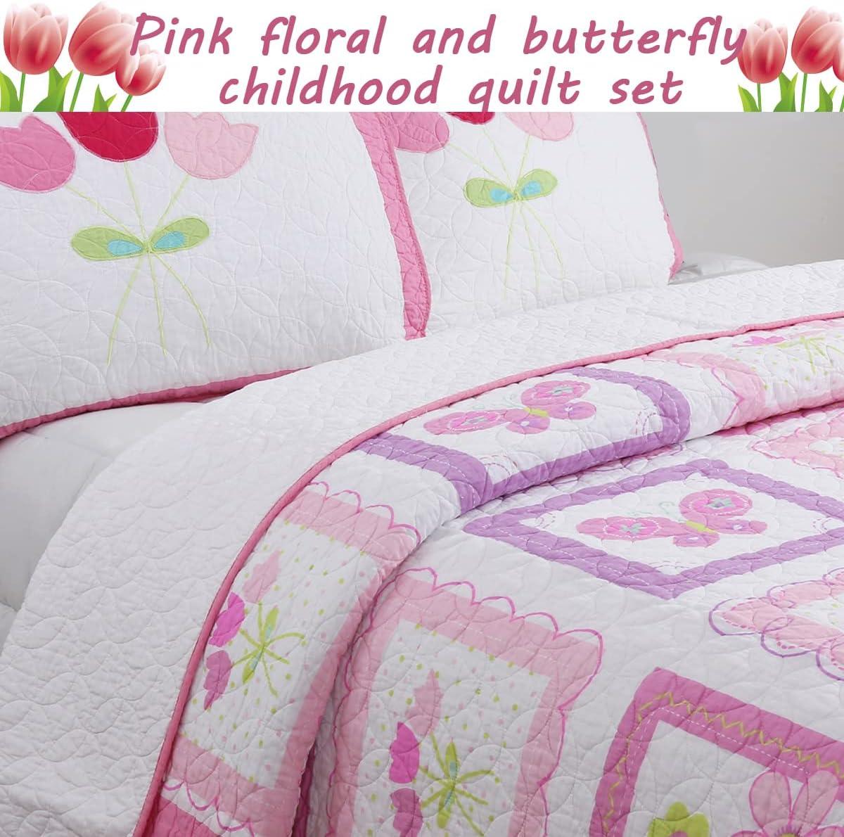 Pink and White Cotton Butterfly Floral Twin Quilt Set