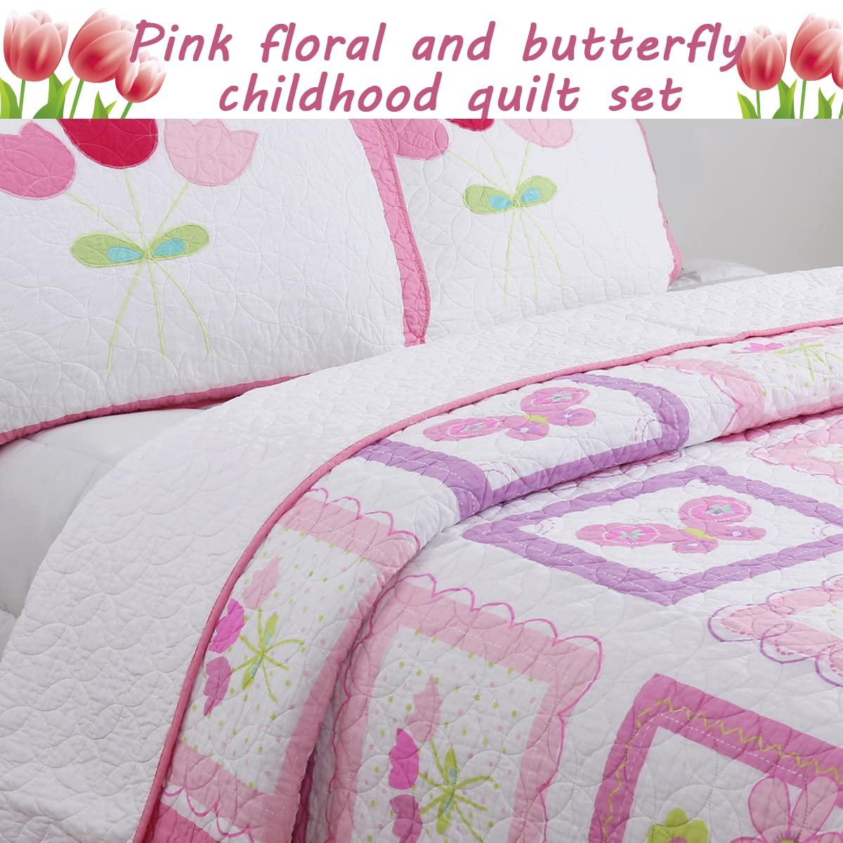 Pink and White Cotton Butterfly Floral Twin Quilt Set