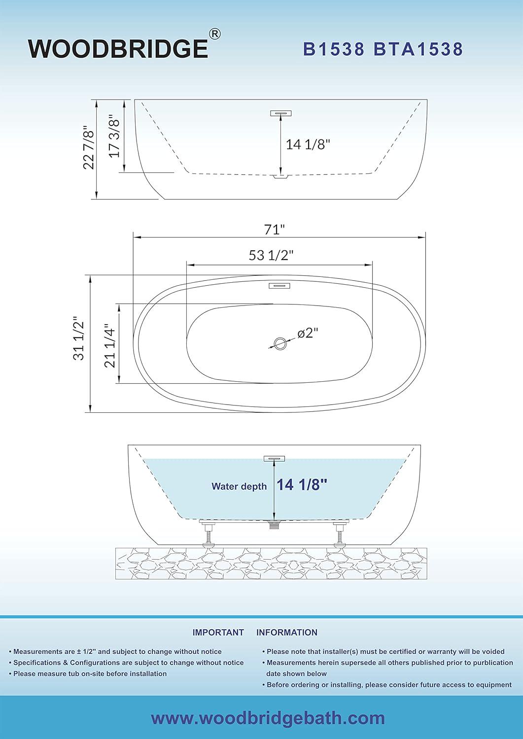 WOODBRIDGE 71" Acrylic Freestanding Bathtub Contemporary Soaking Tub, White Acrylic,Brushed Gold Drain/Overflow