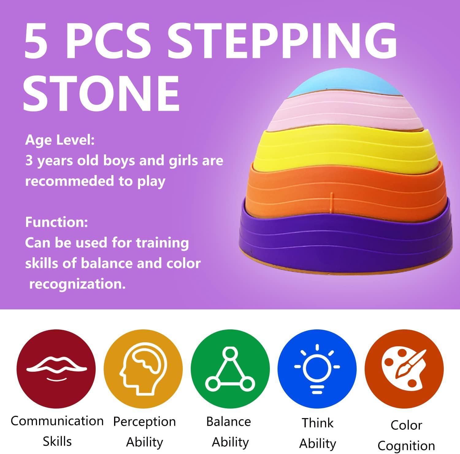5 Pcs Stepping Stones for Kids, Balance River Stones Toy for Toddlers, Non-Slip Rubber Edges & Plastic Surface, Children's Sensory Obstacle Courses