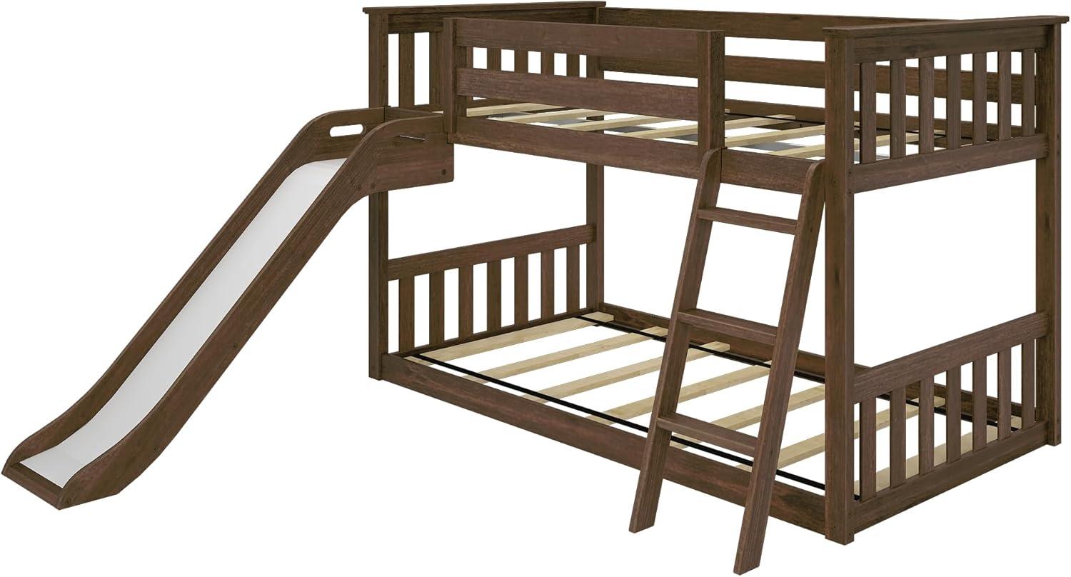 Max & Lily Twin Over Twin Low Bunk Bed with Slide, Solid Wood Kids Platform Bed with 14” Guardrails, Walnut