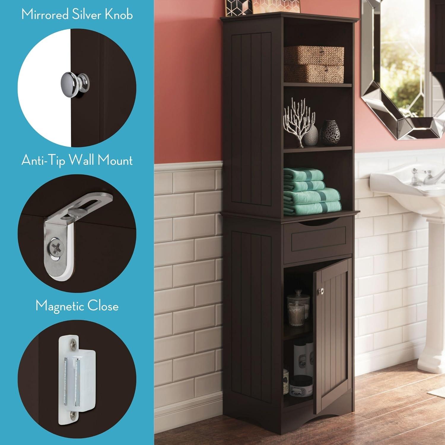 RiverRidge Ashland Tall Bathroom Storage Linen Cabinet and Organizer with Drawer and Shelves