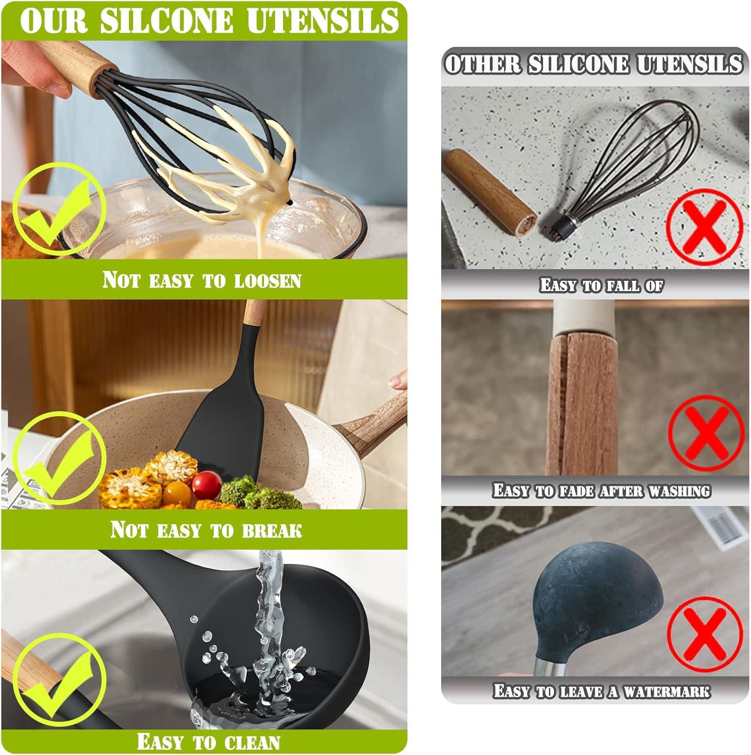 Silicone Kitchen Cooking Utensils Sets with Holder,Nonstick Heat Resistant,Wooden Handle,Black