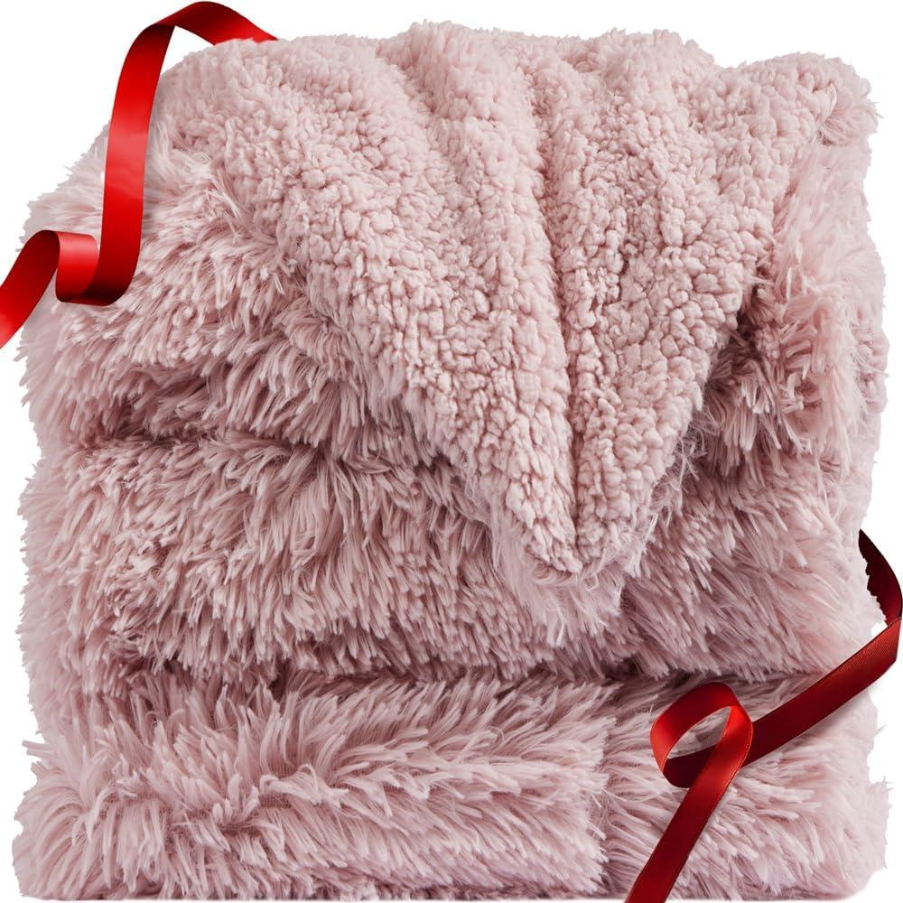 Dusty Rose Reversible Sherpa and Faux Fur Throw Blanket