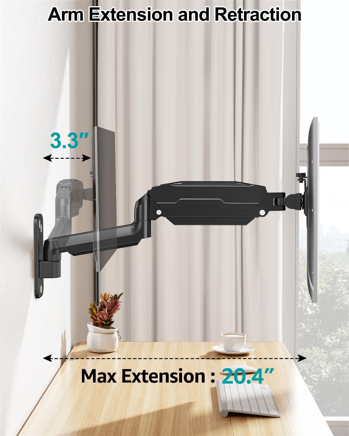 Black Adjustable Gas Spring Single Monitor Wall Mount for 13 to 32 Inch Screens