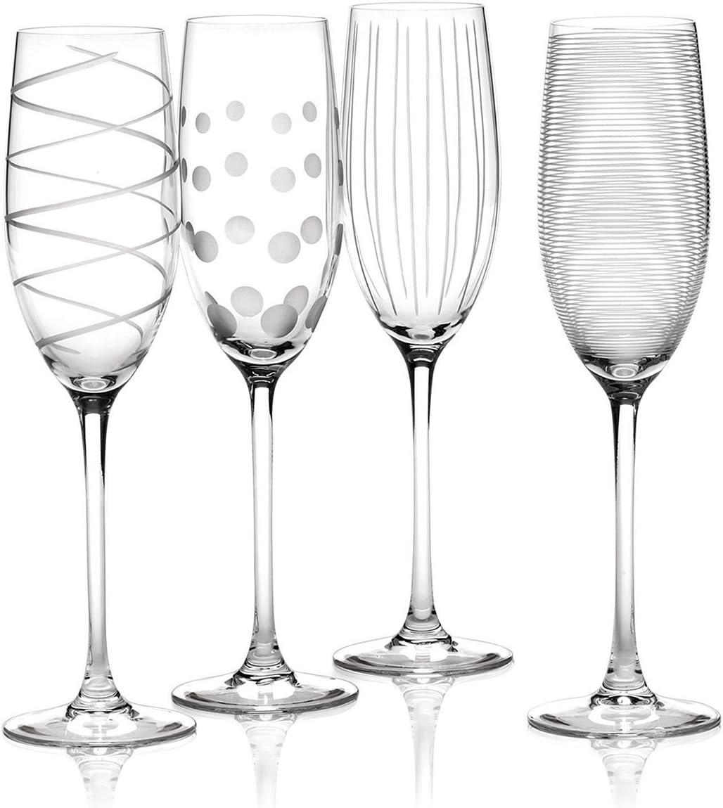 Set of 4 Clear Crystal Champagne Flute Glasses with Etched Designs