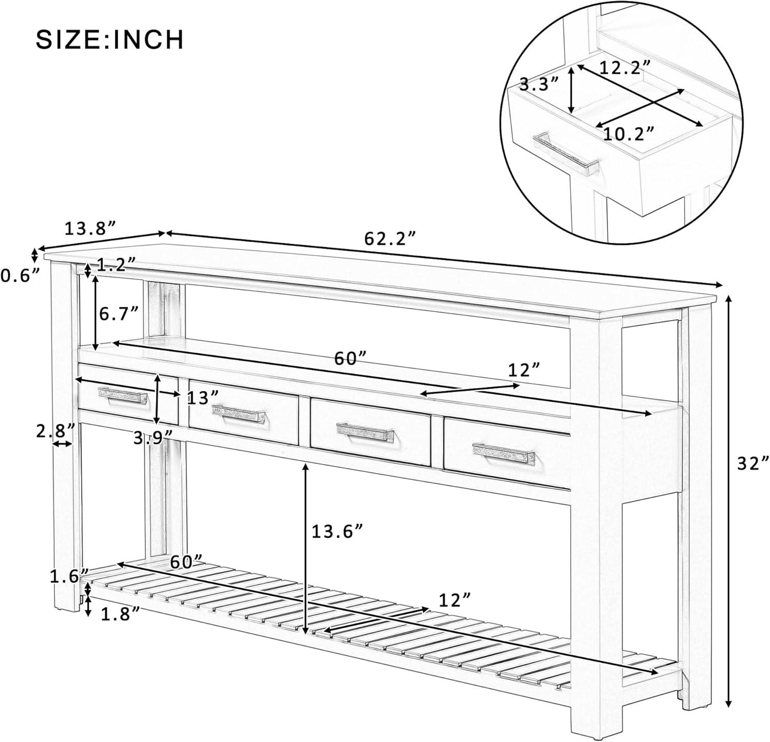 Navy Blue 62" Wood Console Table with Drawers and Shelves