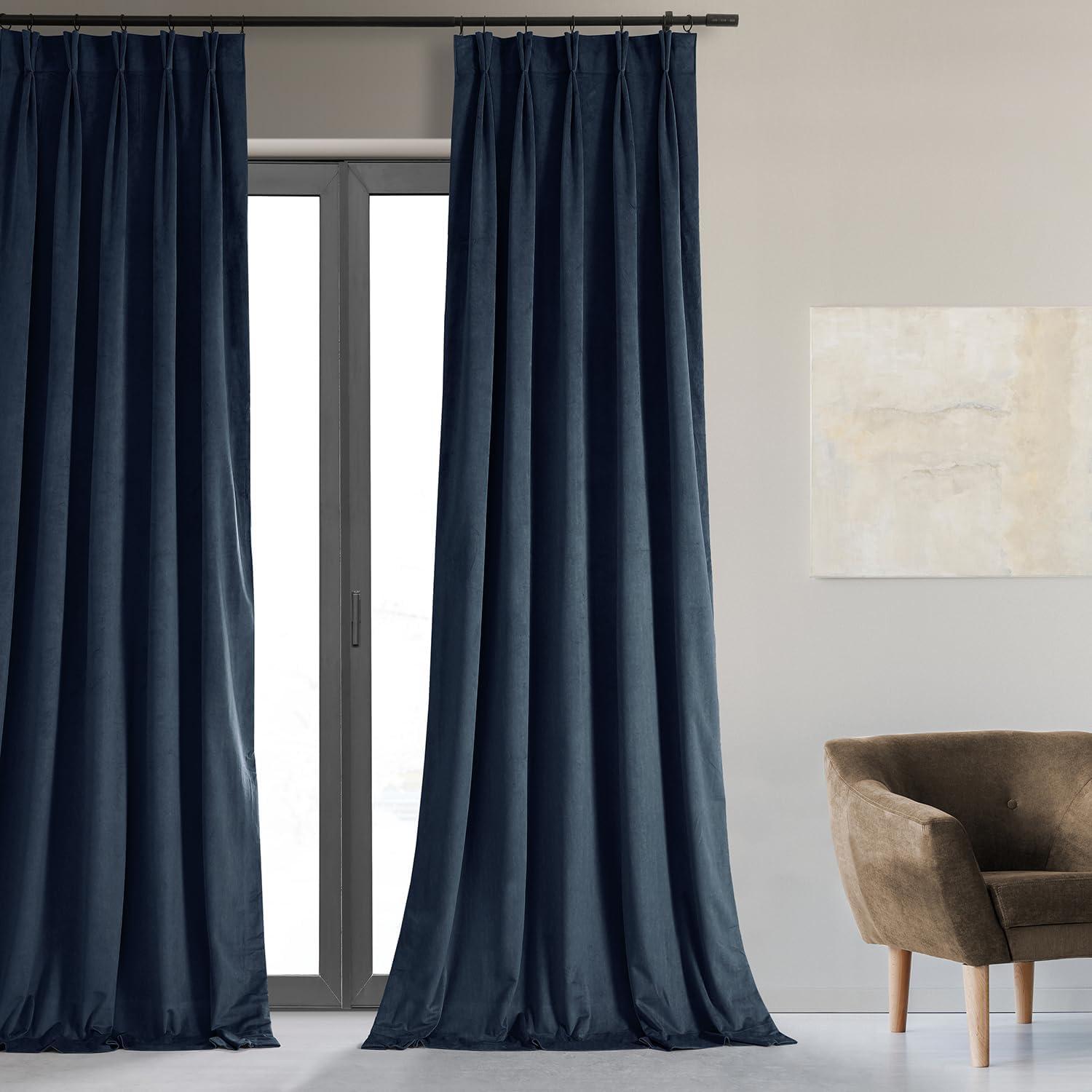 Half Price Drapes Signature Midnight Blue French Pleat Velvet Blackout Curtains(1 Panel), 50WX 120L