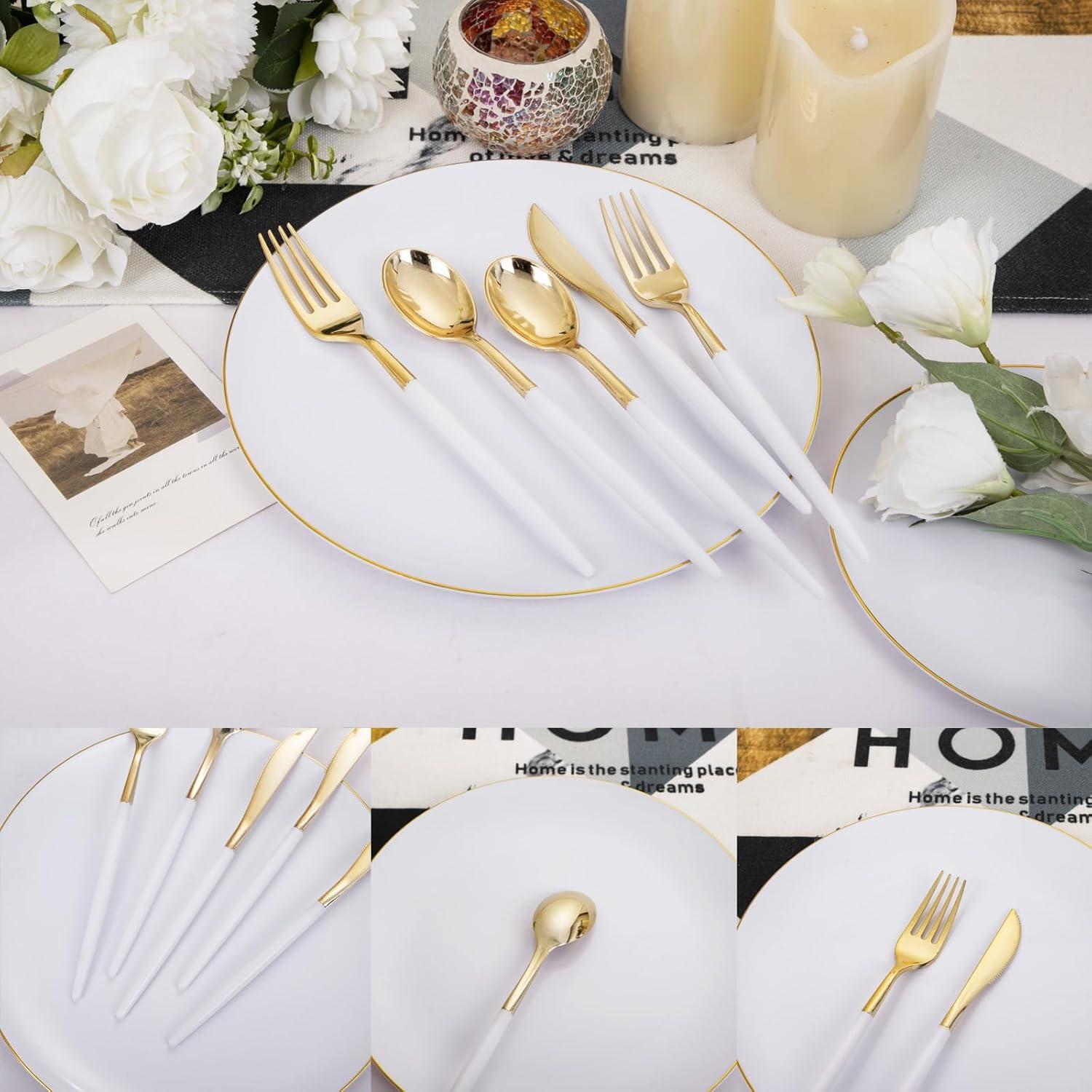 White and Gold Round Plastic Dinnerware Set for 30 Guests