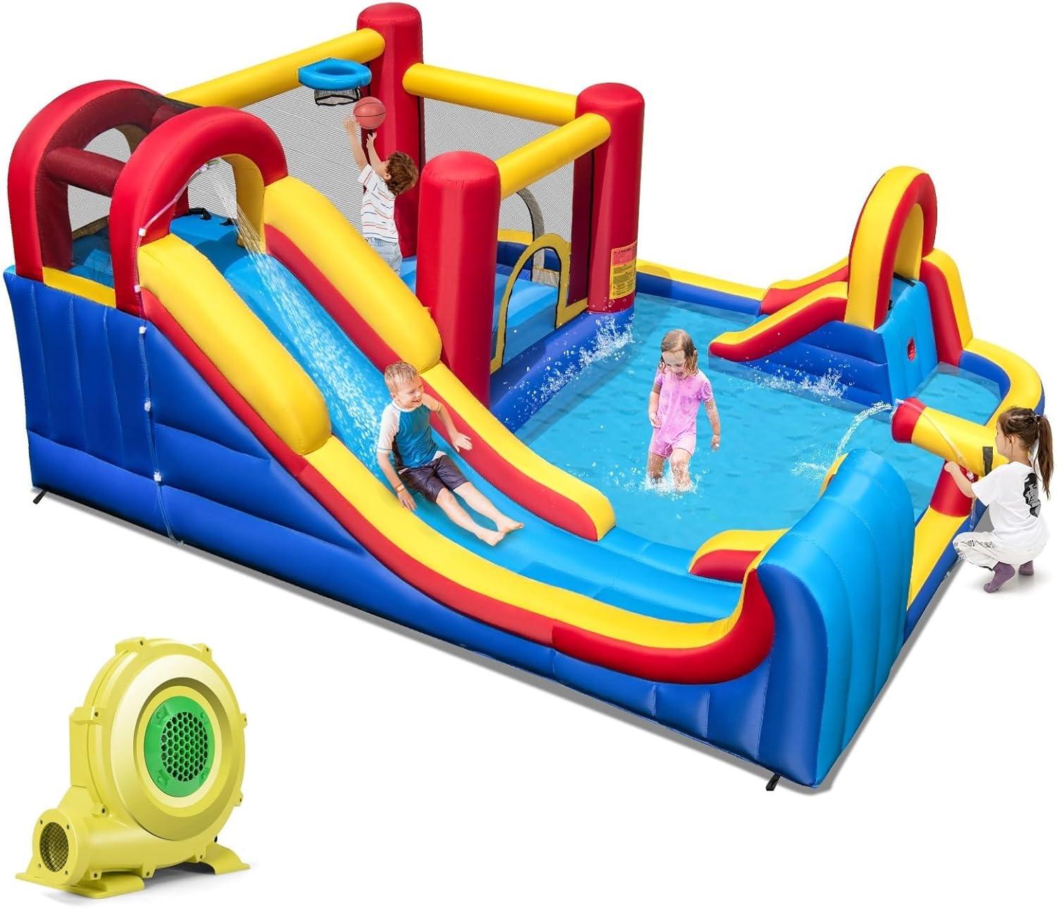 Costway Inflatable Water Slide Giant Kids Water Park w/ Double Slides & 735W Blower