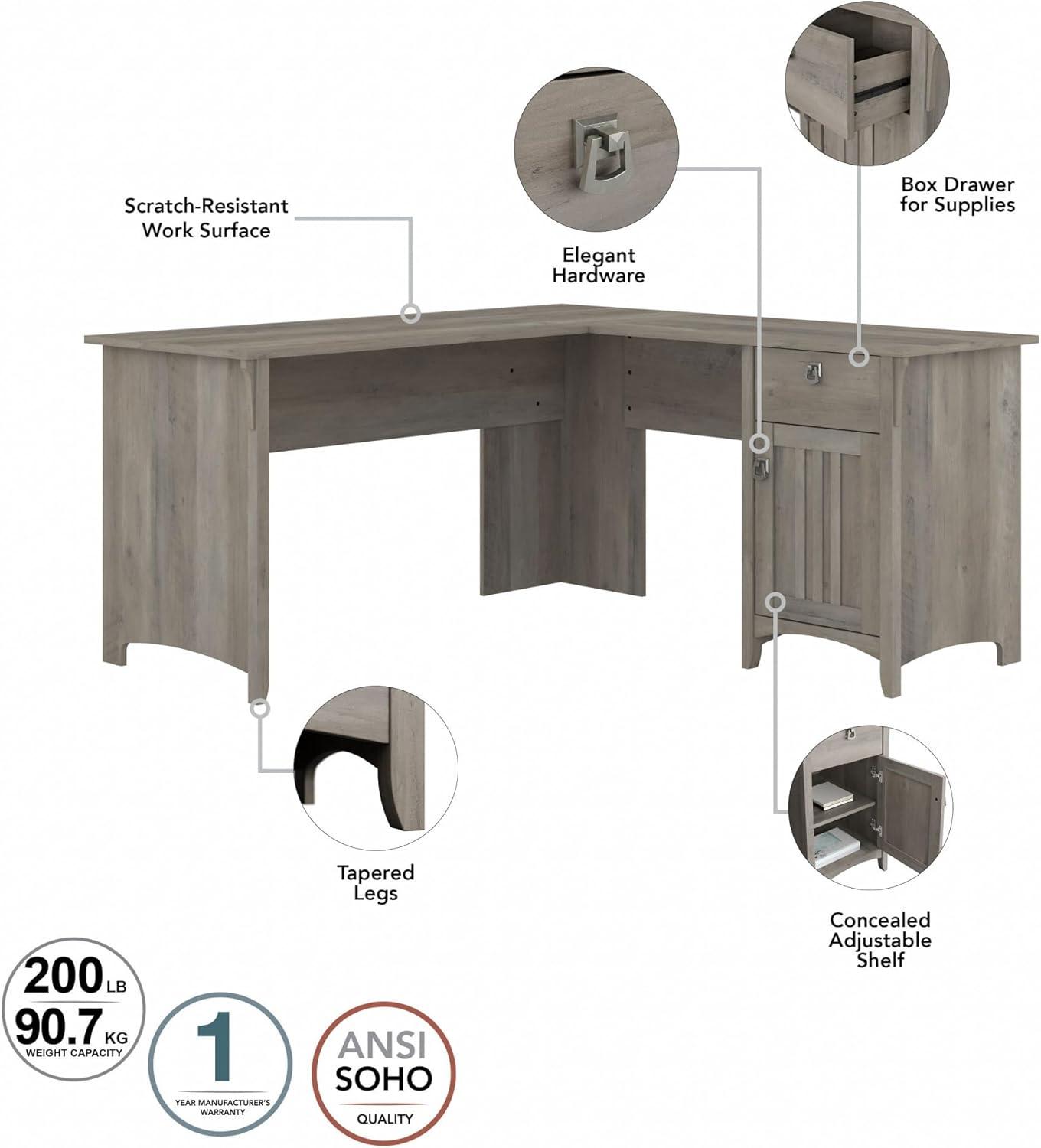 Bush Furniture Salinas 60" L Desk and Hutch with Storage, Driftwood Gray