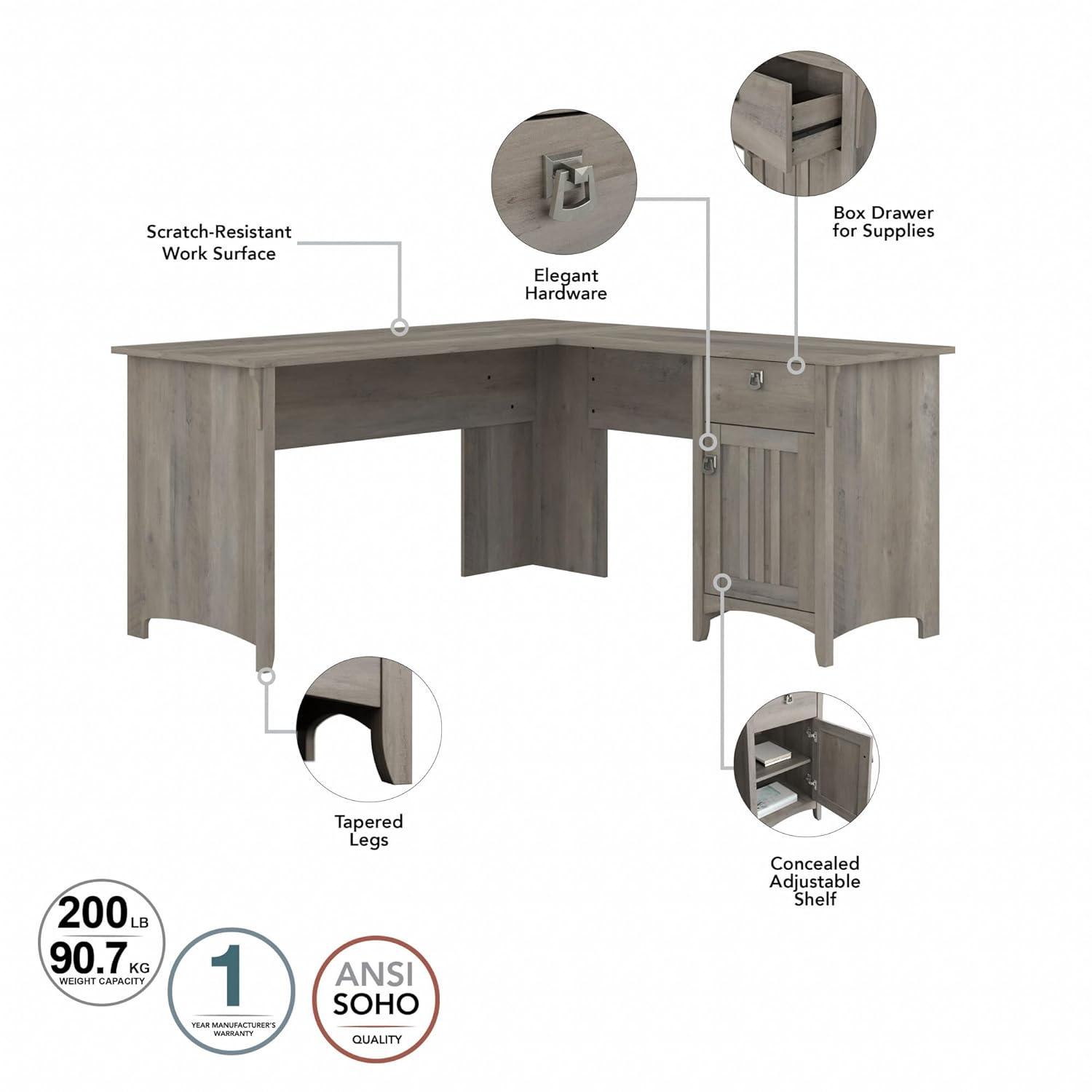 Bush Furniture Salinas 60" L Desk and Hutch with Storage, Driftwood Gray