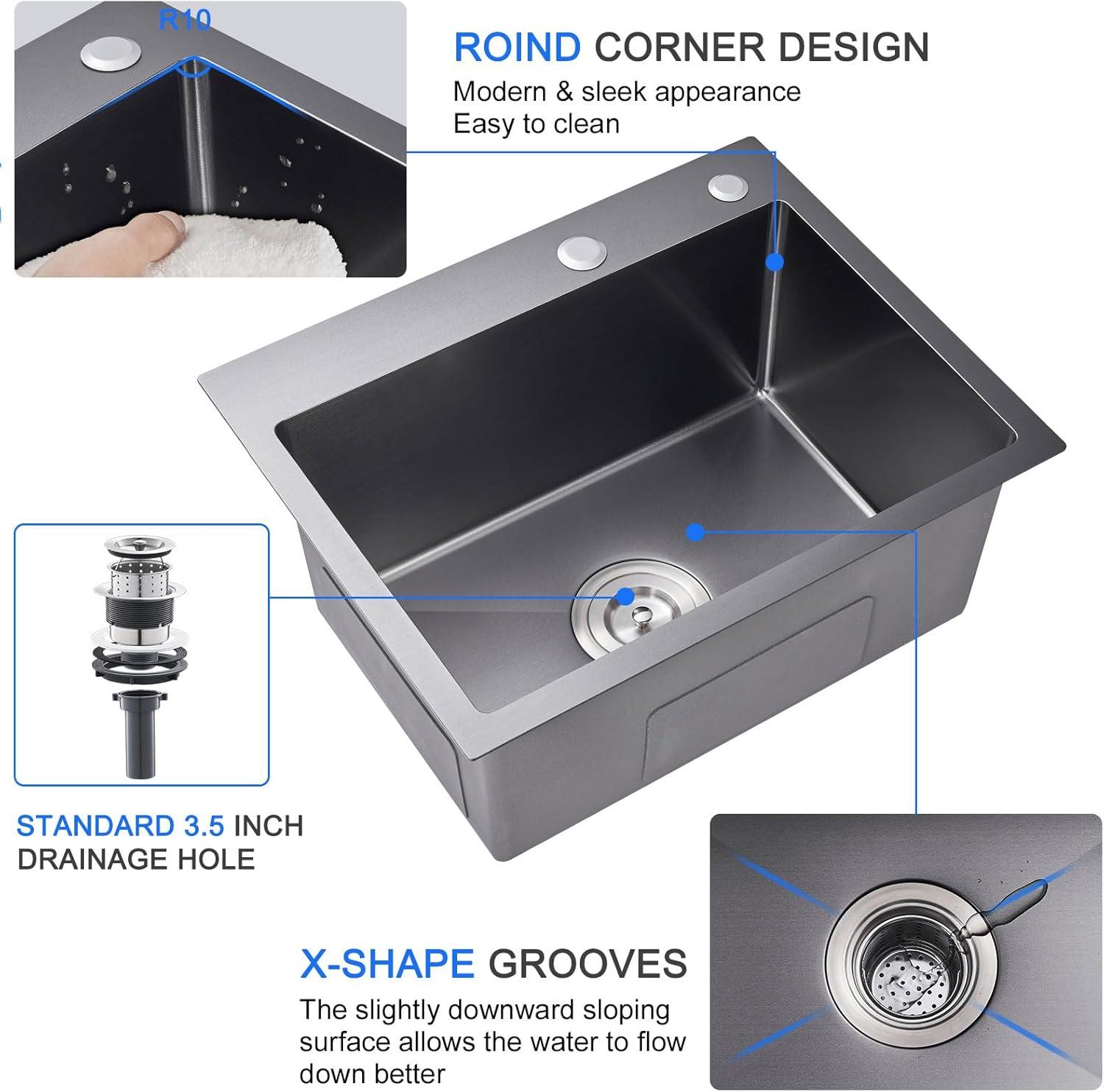 MENATT 20-inch Top-Mount Handmade Kitchen Sink, SUS304 Stainless Steel Drop in Kitchen Single Bowl Sink with Basket Strainer (Black), 20"x16"x9"