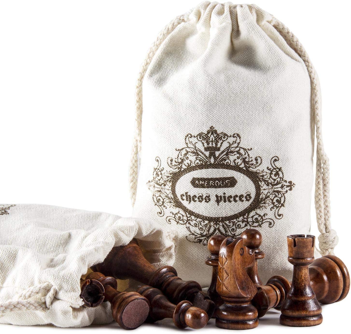 AMEROUS Wooden Chess Pieces Only, Tournament Staunton Wood Chessmen with 3.5 inches King, Chess Game Pawns for Chess Board Game, Replacement of Missing Pieces (2 Storage Bag Included)