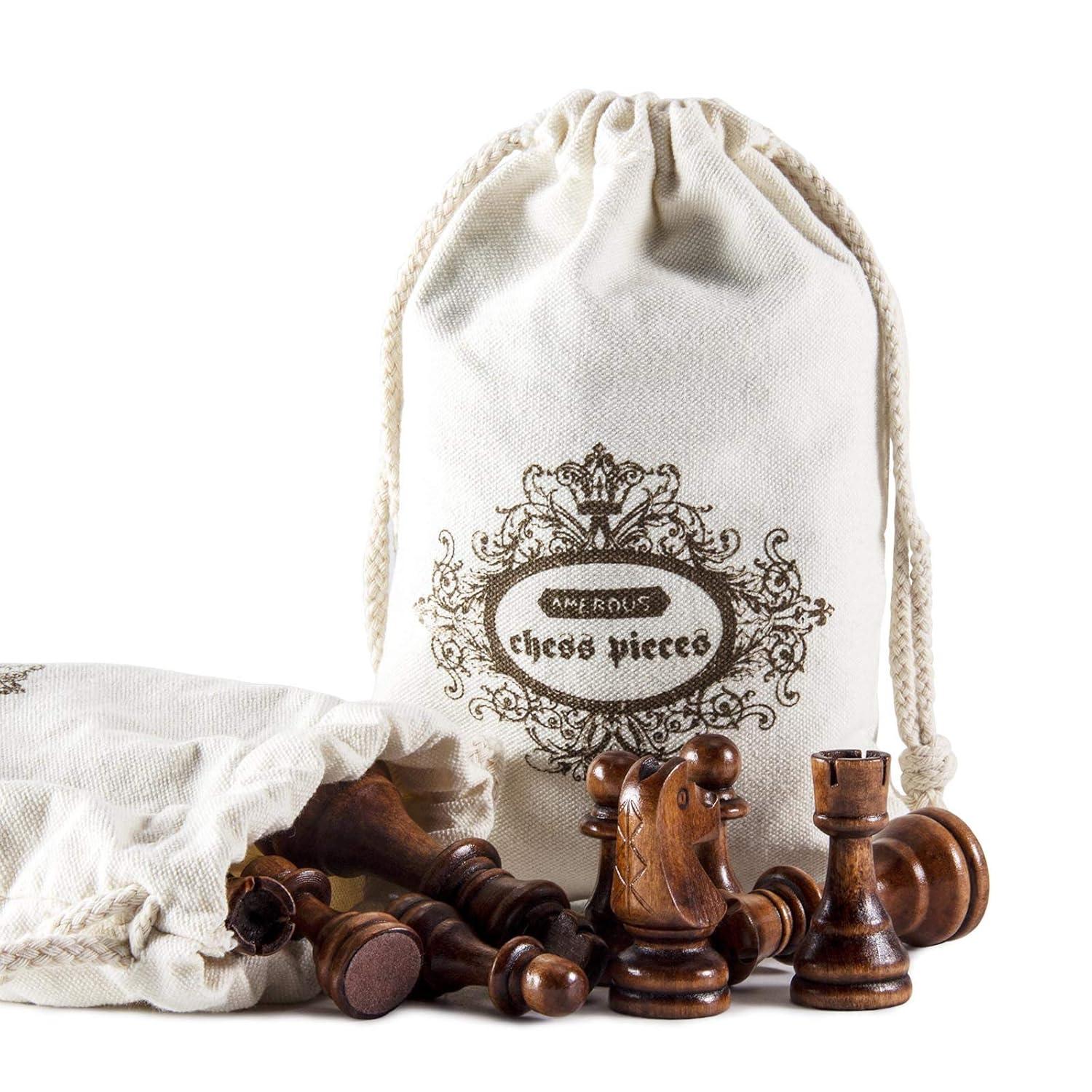 AMEROUS Wooden Chess Pieces Only, Tournament Staunton Wood Chessmen with 3.5 inches King, Chess Game Pawns for Chess Board Game, Replacement of Missing Pieces (2 Storage Bag Included)